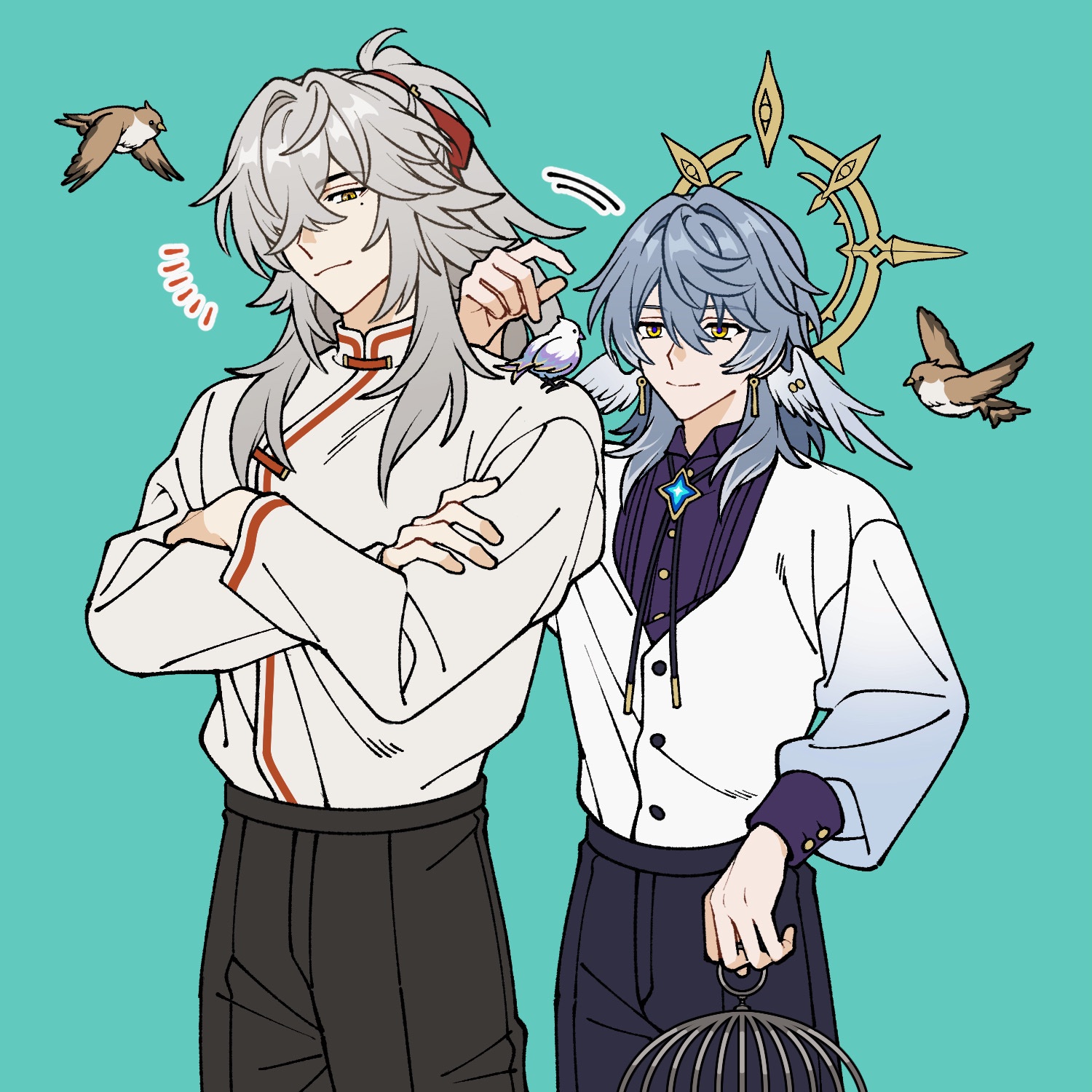 sos13825406402, jing yuan, sunday (honkai: star rail), honkai: star rail, honkai (series), commentary, english commentary, highres, 2boys, animal, animal on shoulder, aqua background, bird, bird on shoulder, birdcage, black pants, black ribbon, cage, chinese clothes, closed mouth, collared shirt, cowboy shot, crossed arms, crossed bangs, earrings, feathered wings, gold earrings, grey hair, hair between eyes, hair intakes, hair over one eye, hair ribbon, halo, halo behind head, hand up, head wings, high ponytail, holding, jewelry, long hair, long sleeves, looking at viewer, male focus, mandarin collar, medium hair, mole, mole under eye, multiple boys, neck ribbon, notice lines, one eye covered, pants, parted bangs, piercing, ponytail, puffy long sleeves, puffy sleeves, purple shirt, red ribbon, ribbon, shirt, shirt tucked in, sidelocks, simple background, smile, standing, white hair, white shirt, white wings, wing piercing, wings, yellow eyes