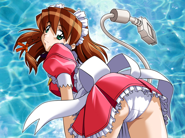 d-ten, cyberdoll may, hand maid may, 00s, 1girl, apron, ass, bent over, bow, brown hair, dress, female focus, green eyes, hair bow, long hair, maid, maid apron, panties, pantyshot, ribbon, solo, underwear, usb