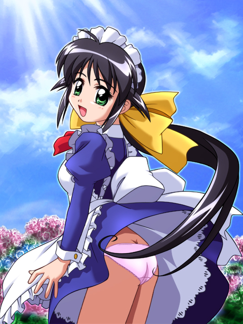 d-ten, andou mahoro, mahoromatic, 1girl, apron, black hair, bow, clothes lift, dress, dress lift, female focus, flower, green eyes, hair bow, hair ribbon, long hair, maid, maid apron, panties, pantyshot, ponytail, ribbon, skirt, skirt lift, solo, standing, underwear