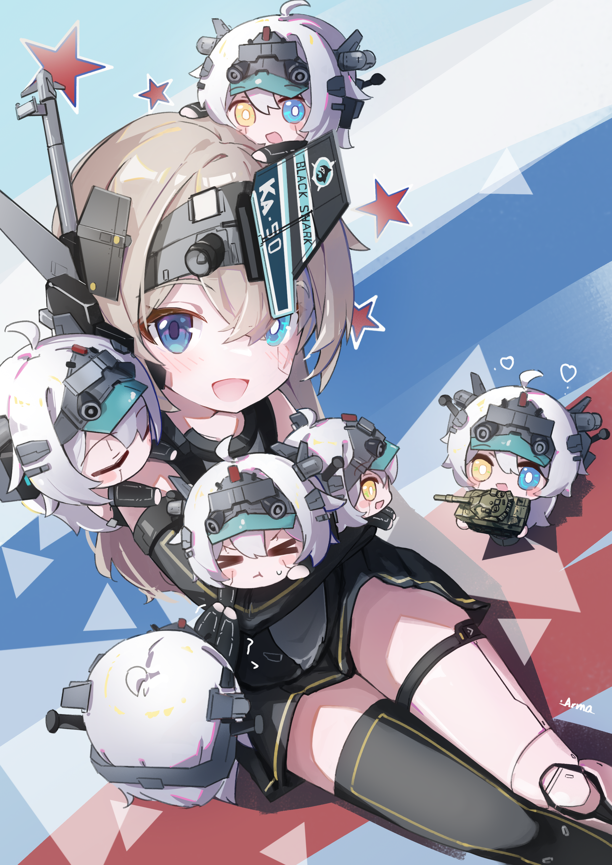arma reality, original, war thunder, absurdres, highres, > <, 6+girls, ahoge, aircraft, aqua eyes, attack helicopter, blonde hair, blue eyes, blush, blush stickers, chibi, heart, helicopter, heterochromia, joints, kamov ka-50, kamov ka-52, looking at viewer, mecha musume, military vehicle, motor vehicle, multiple girls, open mouth, personification, robot joints, short hair, signature, smile, star (symbol), tank, white hair, yellow eyes