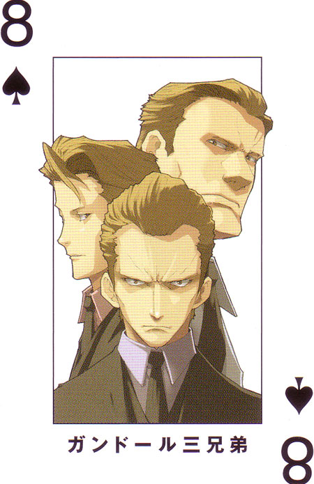 enami katsumi, narita ryohgo (mangaka), berga gandor, keith gandor, luck gandor, baccano!, official art, translated, 00s, 3boys, card, card (medium), male focus, multiple boys, playing card