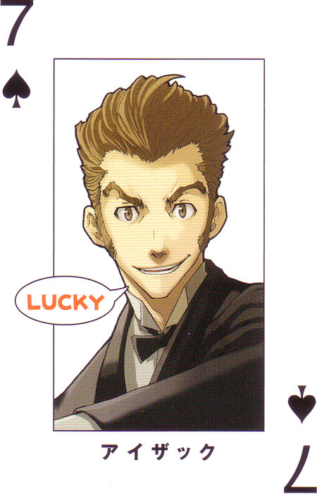 enami katsumi, narita ryohgo (mangaka), isaac dian, baccano!, official art, 00s, 1boy, card, card (medium), english text, male focus, playing card, solo, speech bubble