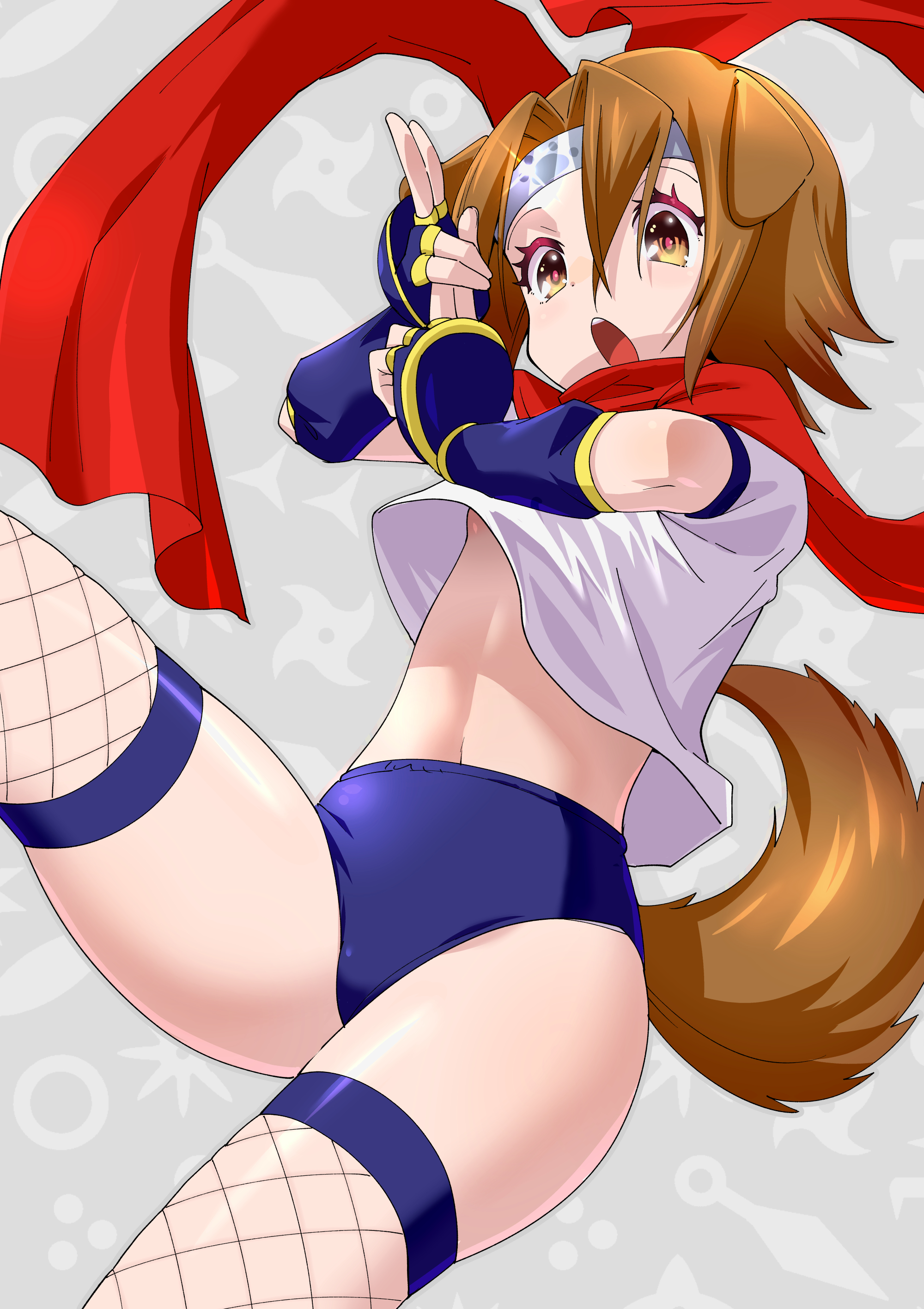 toku sonchou, konoha (arcana heart), arcana heart, absurdres, highres, 1girl, animal ears, breasts, brown eyes, brown hair, buruma, dog ears, dog tail, fingerless gloves, fishnet thighhighs, fishnets, gloves, gym uniform, headband, looking at viewer, ninja, open mouth, scarf, short hair, solo, tail, thighhighs