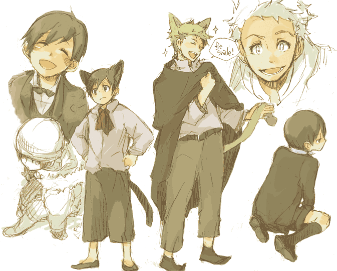 czeslaw meyer, elmer albatross, baccano!, 00s, 2boys, animal ears, black hair, blonde hair, blush, cat boy, cat ears, cat tail, english text, engrish text, male focus, multiple boys, partially colored, ranguage, reference sheet, smile, sparkle, tail, white background