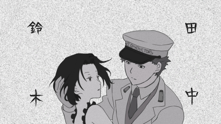 chane laforet, claire stanfield, baccano!, sayonara zetsubou sensei, 1boy, 1girl, bare shoulders, collarbone, collared shirt, dress, dress shirt, employee uniform, eye contact, greyscale, hat, kuusou rumba, looking at another, monochrome, necktie, parody, peaked cap, shirt, short hair, sleeveless, sleeveless dress, upper body