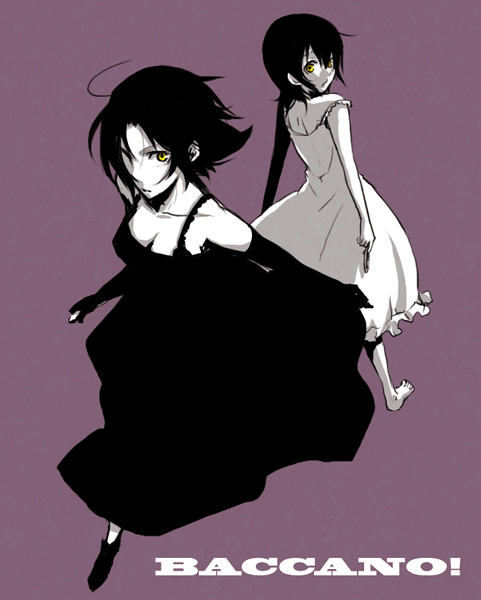 chane laforet, riza laforet, baccano!, 00s, 2girls, ahoge, back-to-back, barefoot, breasts, cleavage, collarbone, copyright name, dress, elbow gloves, full body, gloves, looking at viewer, looking back, monochrome, multiple girls, ponytail, short hair, standing, toes