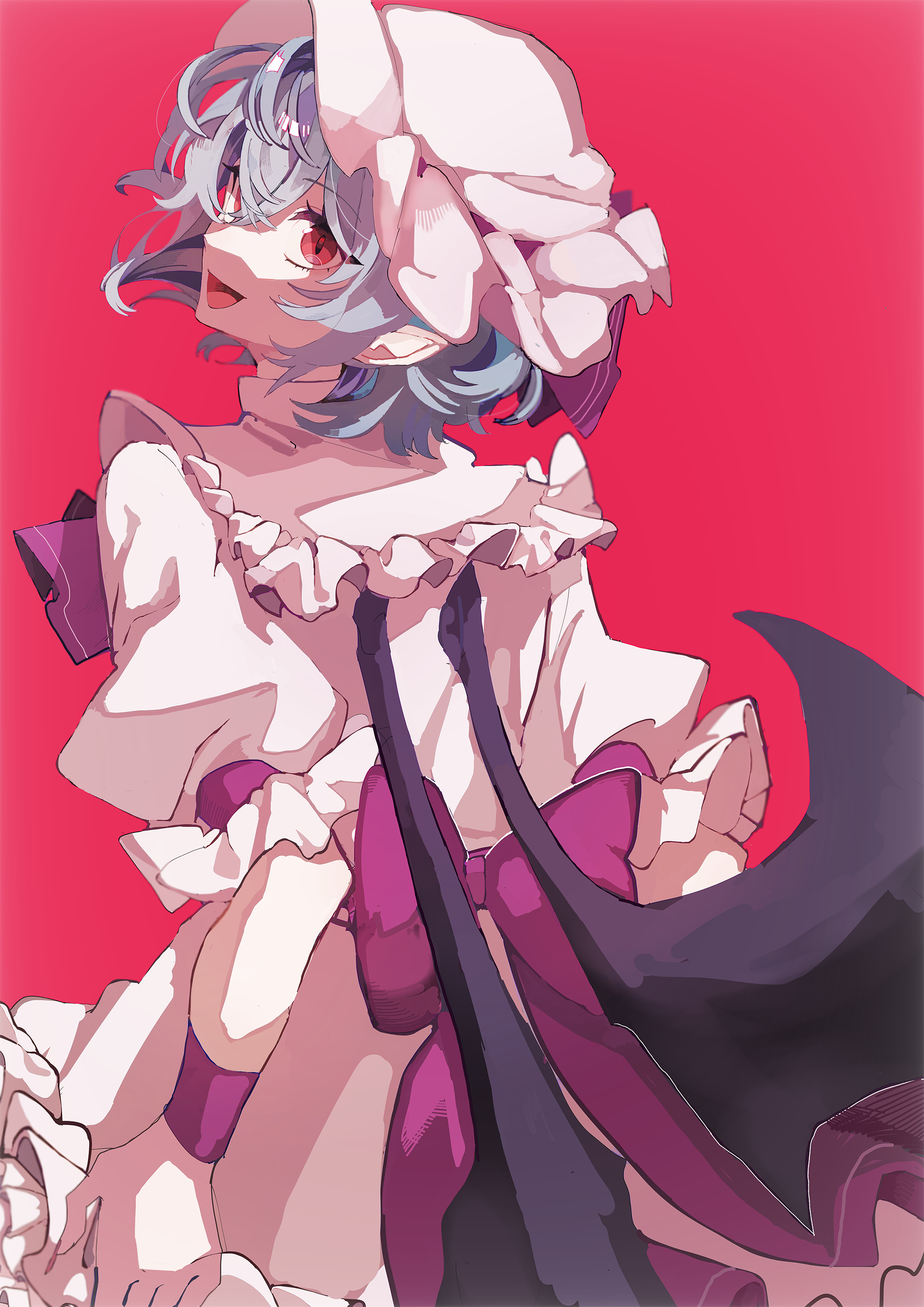 remilia scarlet, touhou, absurdres, artist request, commentary request, highres, 1girl, :d, ascot, back bow, bat wings, black wings, blue hair, bow, collar, cowboy shot, dress, frilled collar, frilled dress, frills, from behind, hat, hat ribbon, looking back, medium hair, mob cap, open mouth, pink dress, pink hat, pointy ears, puffy short sleeves, puffy sleeves, red ascot, red background, red bow, red eyes, red ribbon, red wrist cuffs, ribbon, short sleeves, slit pupils, smile, solo, touhou project exhibition: harajuku gensoukyou 2025 official, wings, wrist cuffs
