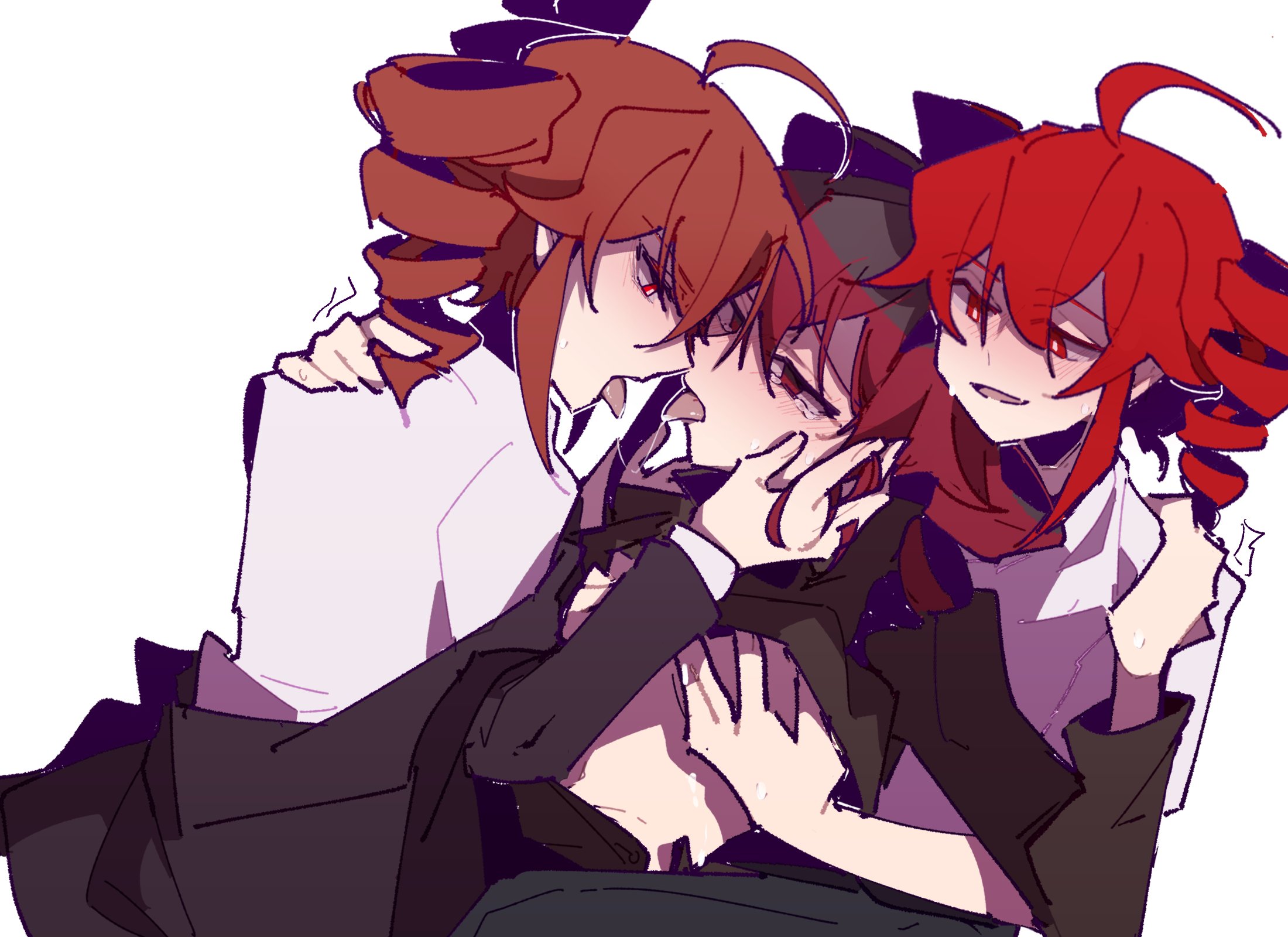 jiu (jiu076), kasane teto, utau, highres, 3girls, ahoge, black jacket, black pants, black shirt, clothes lift, drill hair, eye contact, groping, hand on another's shoulder, hands on another's cheeks, hands on another's face, jacket, long sleeves, looking at another, multiple girls, off shoulder, open mouth, pants, red eyes, red hair, saliva, saliva trail, selfcest, shirt, shirt lift, short hair, simple background, smile, sweat, tearing up, tongue, tongue out, twin drills, white background, white shirt, yuri