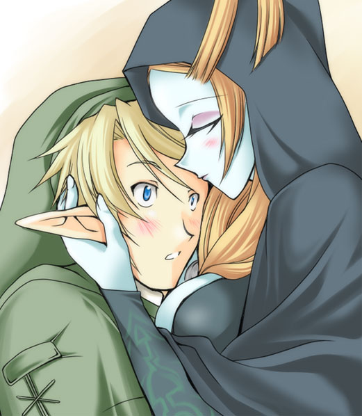microspace, link, midna, midna (true), nintendo, the legend of zelda, the legend of zelda: twilight princess, spoilers, 1boy, 1girl, blue skin, blush, breast press, breasts, cleavage, cloak, closed eyes, colored skin, height difference, hetero, hood, hug, kiss, kissing forehead, orange hair, pointy ears