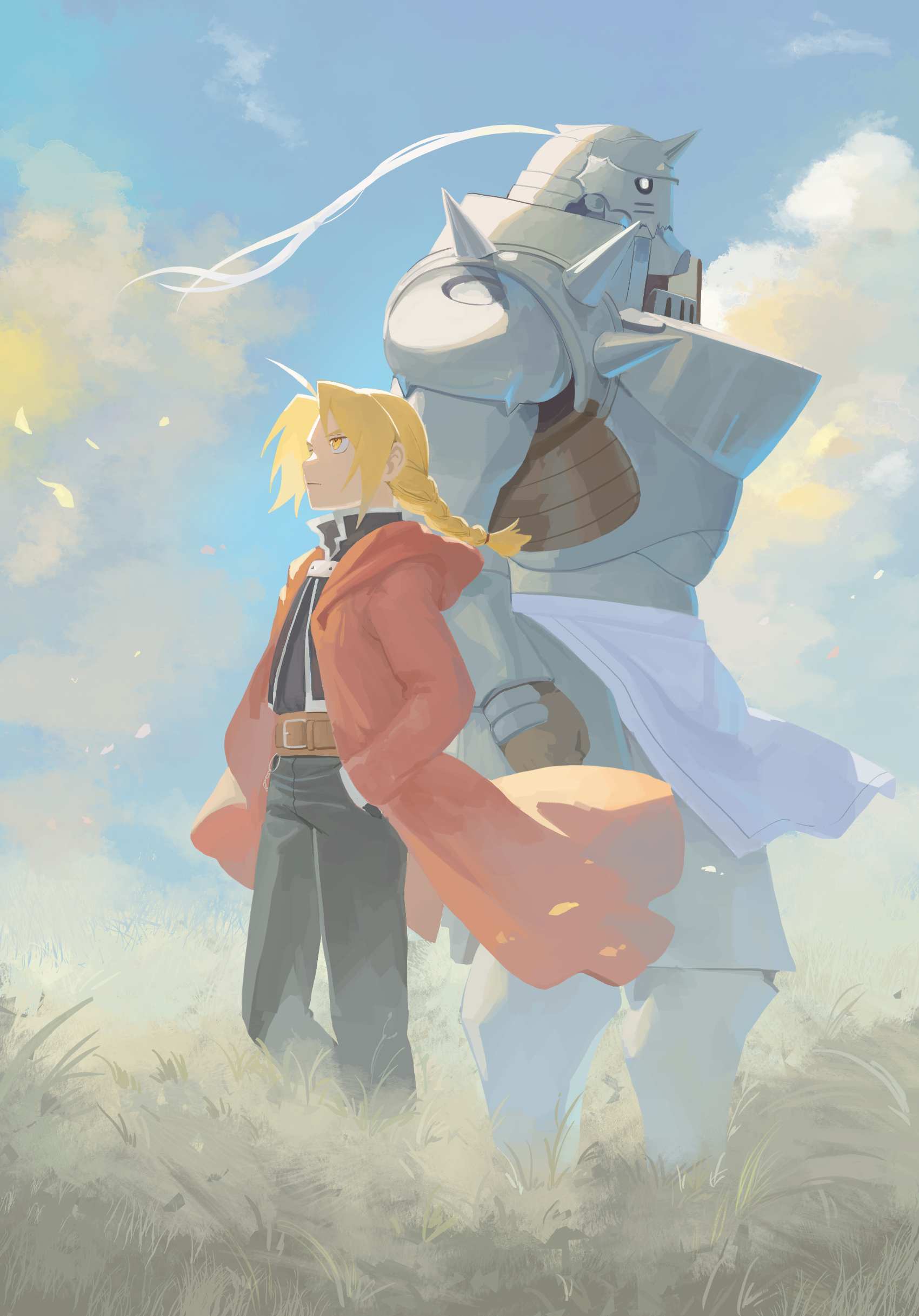 nbee ya, alphonse elric, edward elric, fullmetal alchemist, absurdres, highres, 2boys, ahoge, armor, black pants, black shirt, blonde hair, braid, brothers, coat, full armor, gloves, hands in pockets, living armor, long hair, male focus, multiple boys, pants, red coat, shirt, siblings, spiked helmet, white gloves, yellow eyes