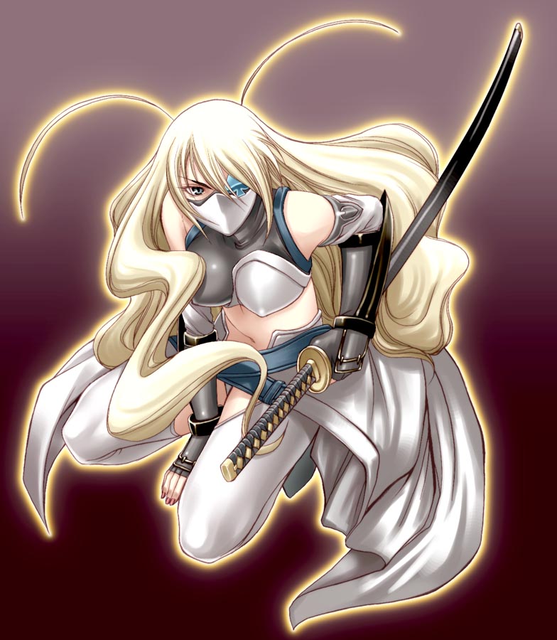 chiba toshirou, yagyu freesia, jubei-chan, antenna hair, blonde hair, eyepatch, katana, kneeling, long hair, mask, midriff, sheath, sheathed, solo, squatting, sword, weapon