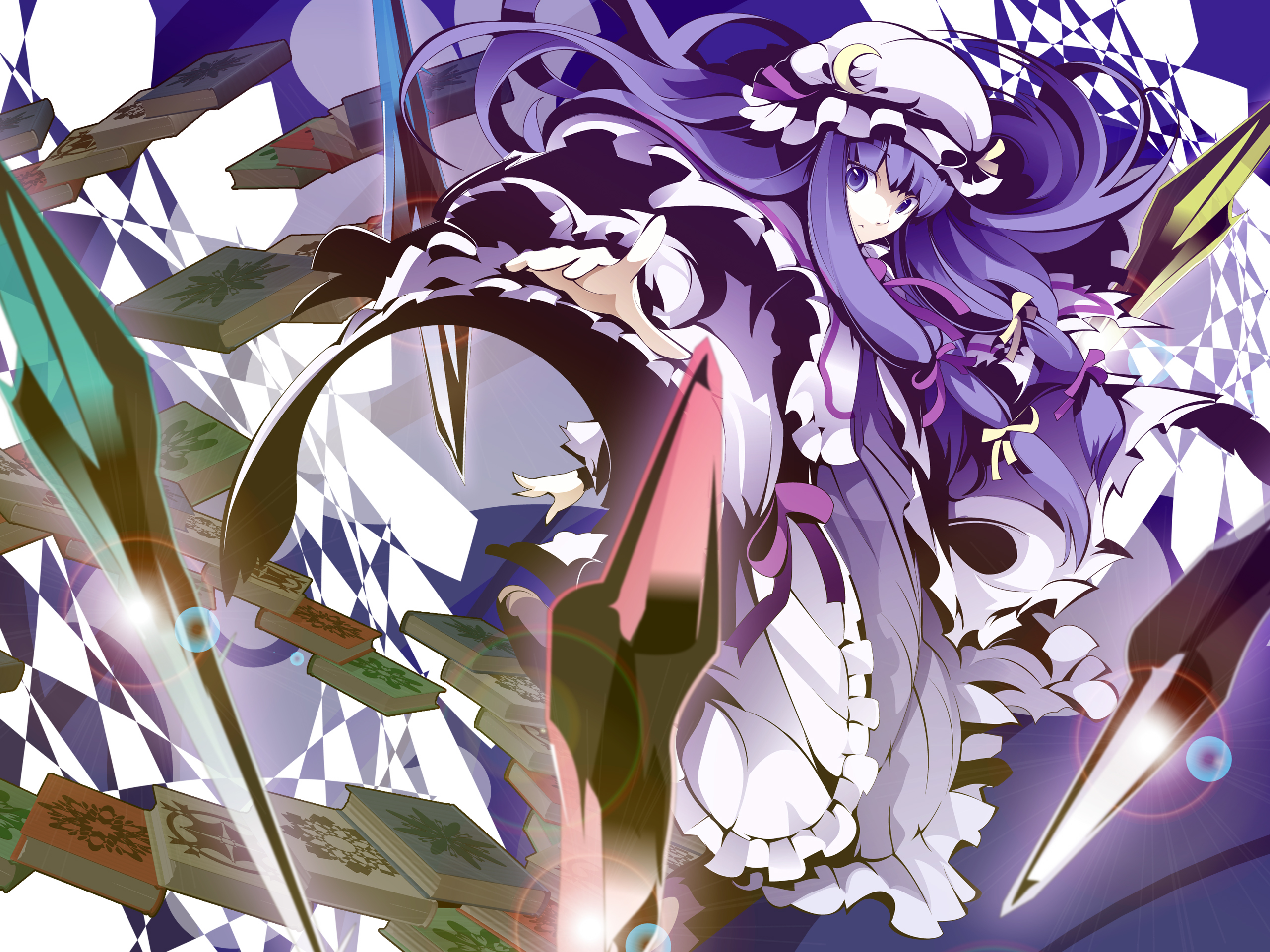 uki (room 405), patchouli knowledge, touhou, highres, 1girl, book, crystal, female focus, hair ribbon, hat, lens flare, long hair, purple eyes, purple hair, ribbon, solo