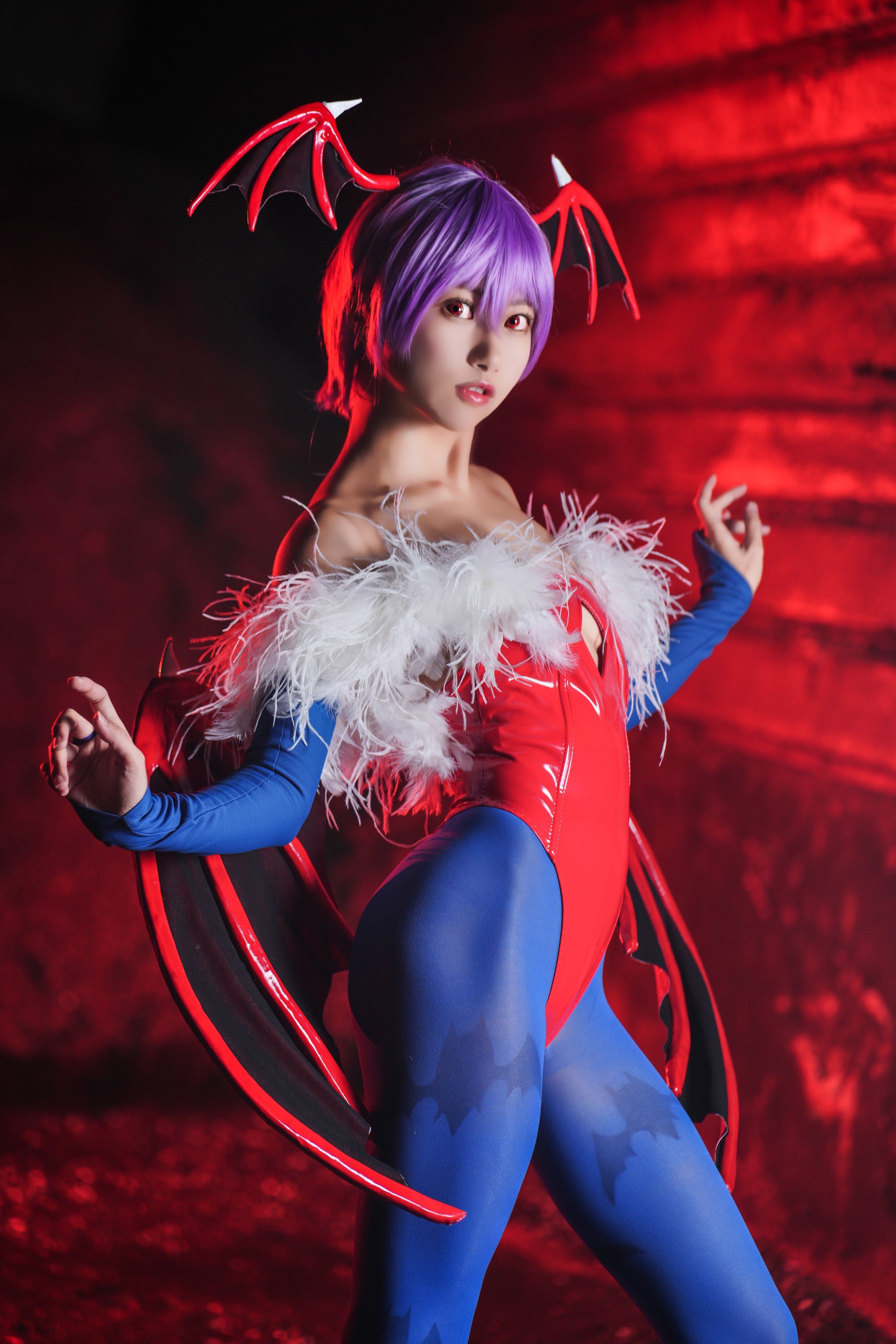 negoto hitsuji, lilith (darkstalkers), capcom, darkstalkers, real life, absurdres, commentary, highres, 1girl, 2024, animal print, arms up, ass, bat print, bat wings, blue pantyhose, blurry, boots, breasts, bridal gauntlets, cleavage, clothing cutout, collarbone, cosplay, demon girl, depth of field, diamond cutout, female focus, flat chest, fur-trimmed leotard, fur trim, head wings, highleg, highleg leotard, indoors, japanese (nationality), leotard, lilith (darkstalkers) (cosplay), low wings, medium breasts, pantyhose, purple hair, red boots, red eyes, red leotard, short hair, solo, thick thighs, thighs, wings