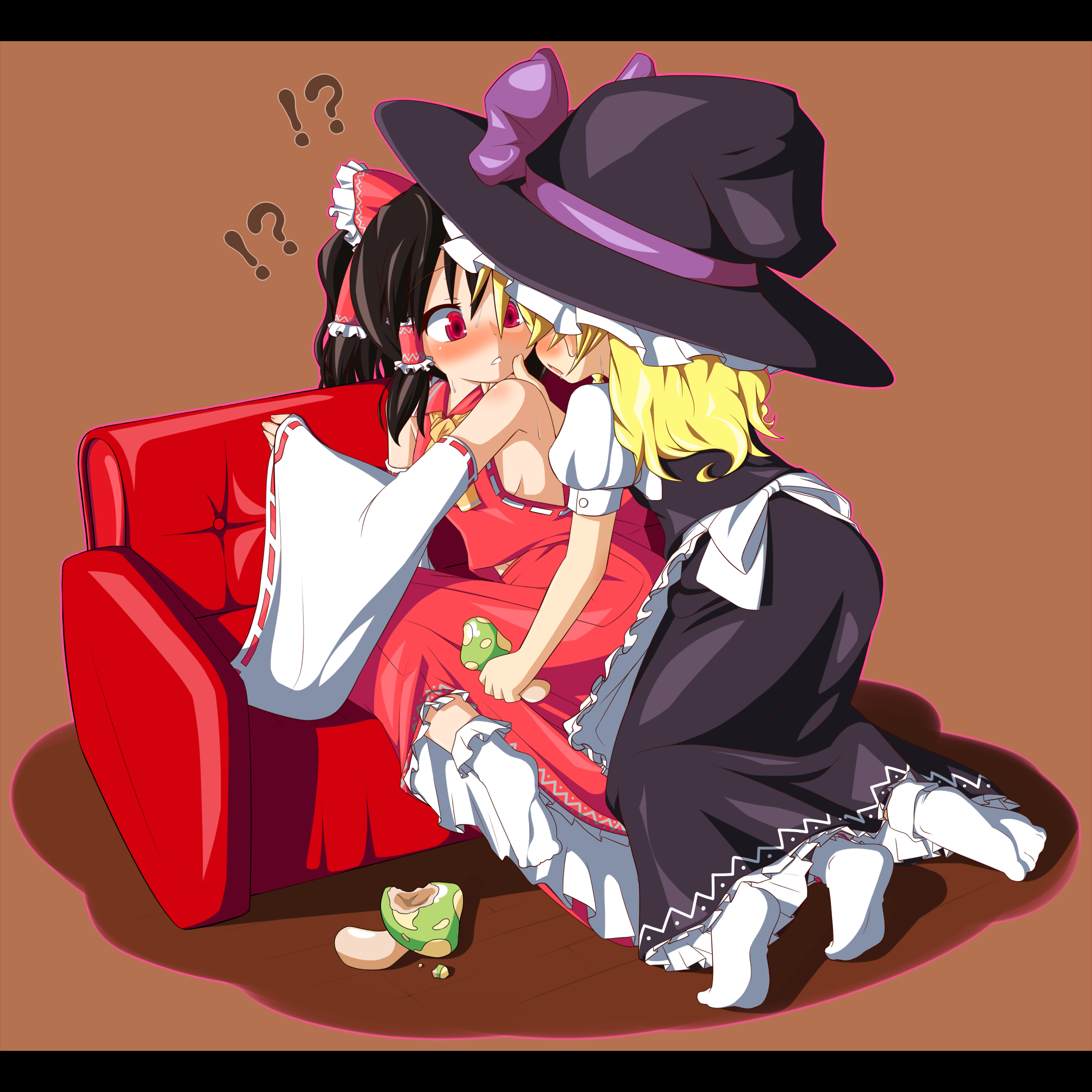 sugu maigo ninaru umumu, umumu (pilcre), hakurei reimu, kirisame marisa, touhou, bad id, bad pixiv id, highres, !?, 2girls, black hair, blonde hair, blush, breasts, brown hair, detached sleeves, female focus, hat, japanese clothes, long hair, miko, multiple girls, mushroom, red eyes, sideboob, small breasts, socks, witch hat, yuri