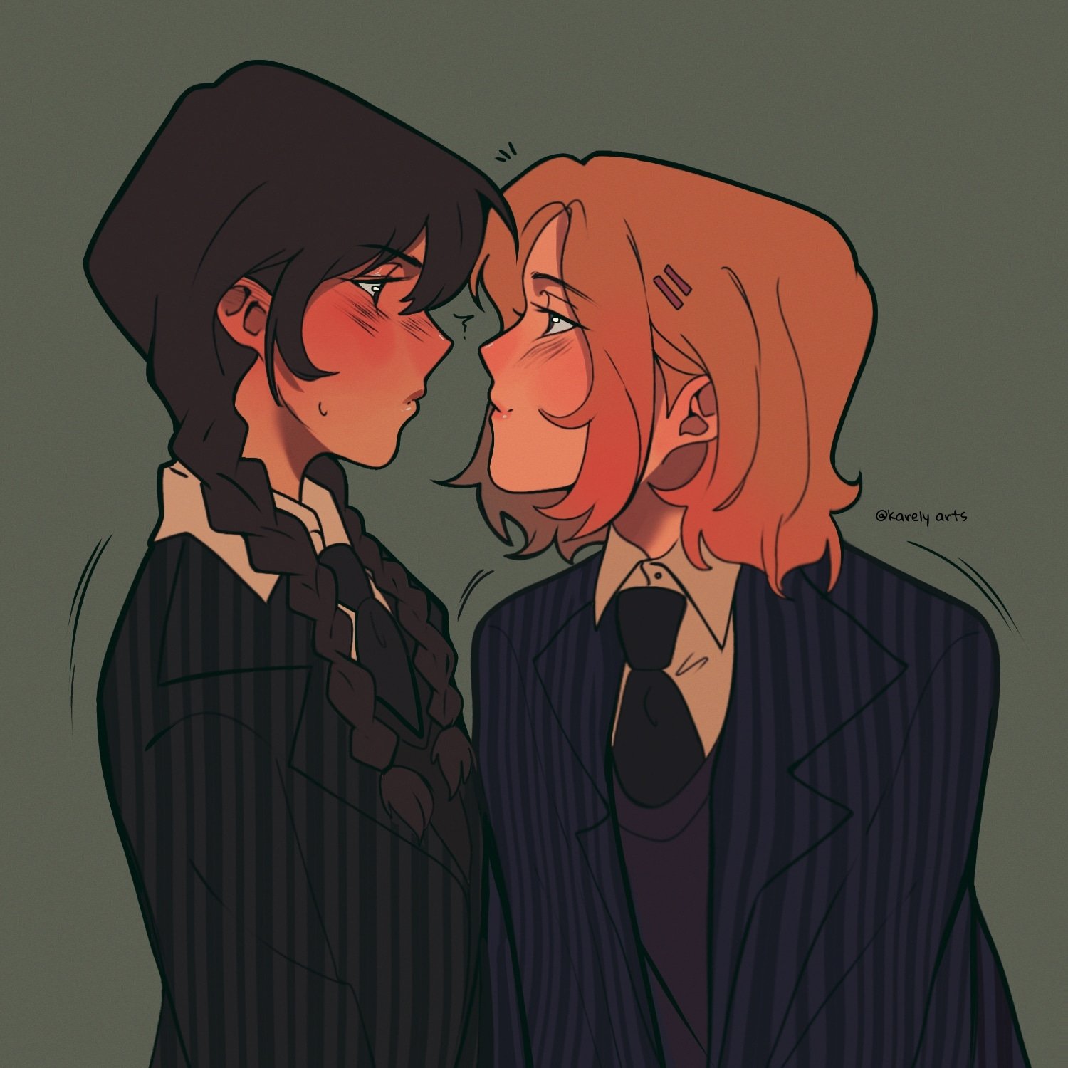 karely arts, enid sinclair, wednesday addams, addams family, wednesday (netflix), highres, 2girls, ?, black hair, black necktie, blazer, blonde hair, blush, braid, collared shirt, green background, hair ornament, hairclip, jacket, lips, looking at another, multicolored hair, multiple girls, necktie, pink hair, shirt, staring, striped clothes, twin braids, white shirt, yuri