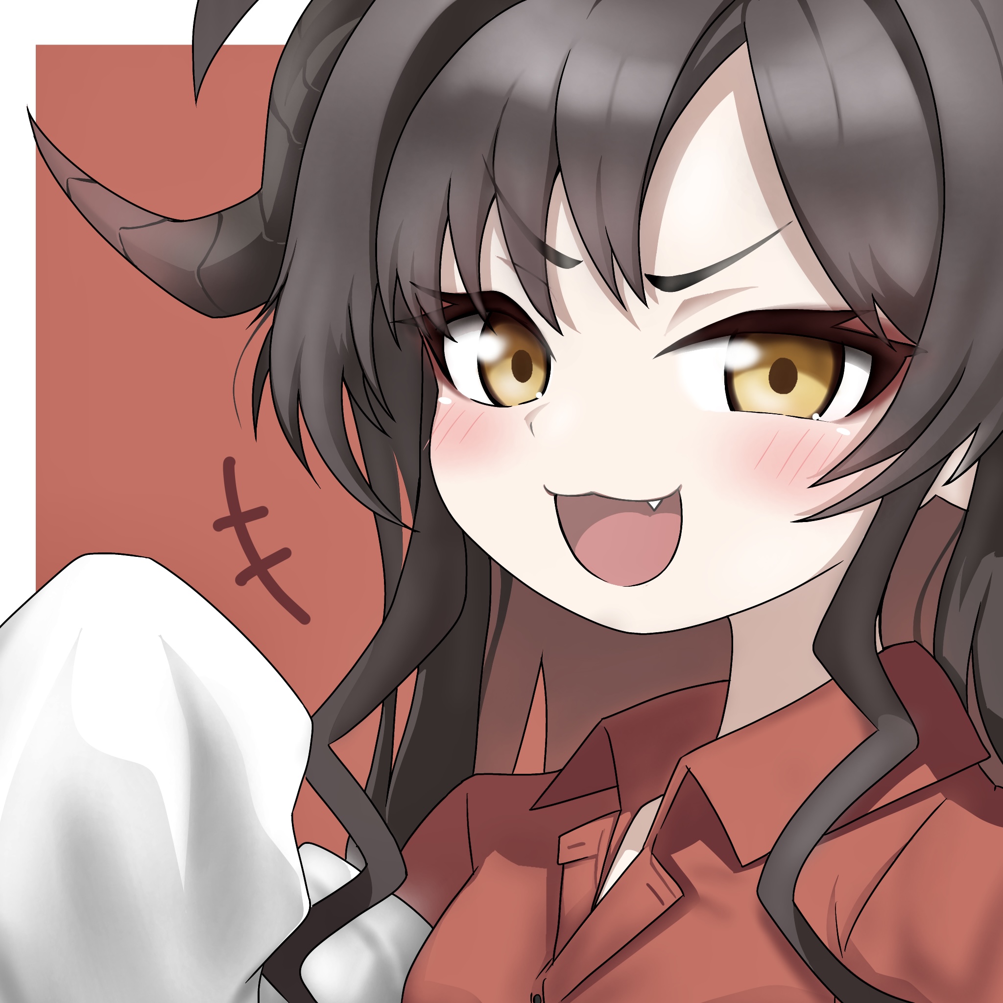 tomimon, kasumi (blue archive), blue archive, commentary request, highres, 1girl, :d, black hair, blush, border, brown background, brown eyes, brown hair, collared shirt, dress shirt, fang, hand up, horns, lab coat, long hair, long sleeves, looking at viewer, multicolored hair, open mouth, red shirt, shirt, sleeves past fingers, sleeves past wrists, smile, solo, thick eyebrows, two-tone hair, upper body, v-shaped eyebrows, white border