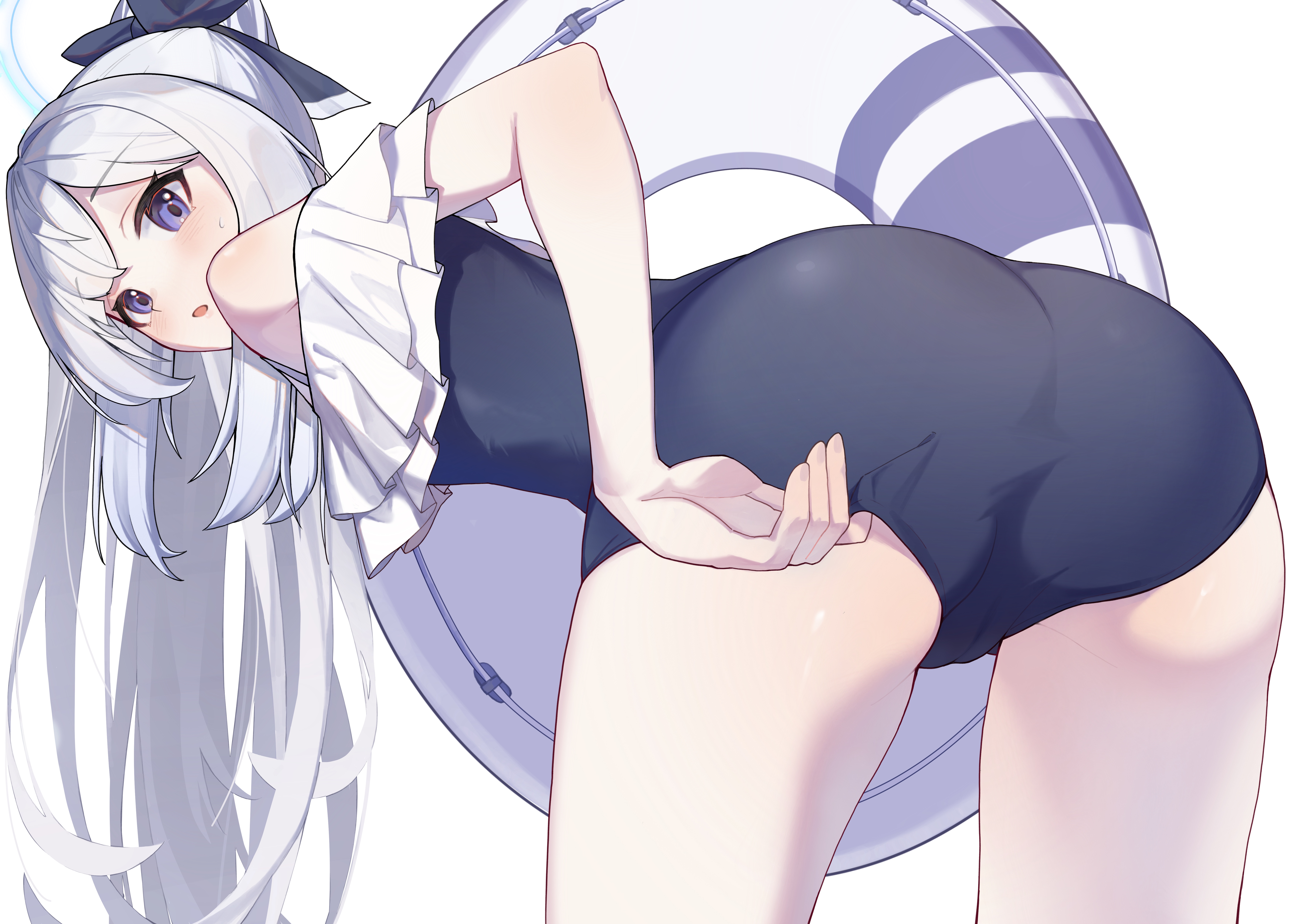 eriri2000420, miyako (blue archive), miyako (swimsuit) (blue archive), blue archive, absurdres, commentary, highres, 1girl, :o, adjusting clothes, adjusting swimsuit, ass, blue one-piece swimsuit, blush, casual one-piece swimsuit, frilled one-piece swimsuit, frills, grey hair, innertube, leaning forward, long hair, looking at viewer, looking back, official alternate costume, one-piece swimsuit, outdoors, ponytail, purple eyes, solo, sweatdrop, swim ring, swimsuit, very long hair