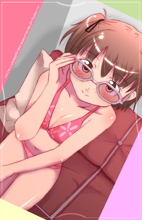 nyazui, aihara nana, kimi kiss, bikini, brown hair, midriff, pink bikini, solo, sunglasses, swimsuit, twintails