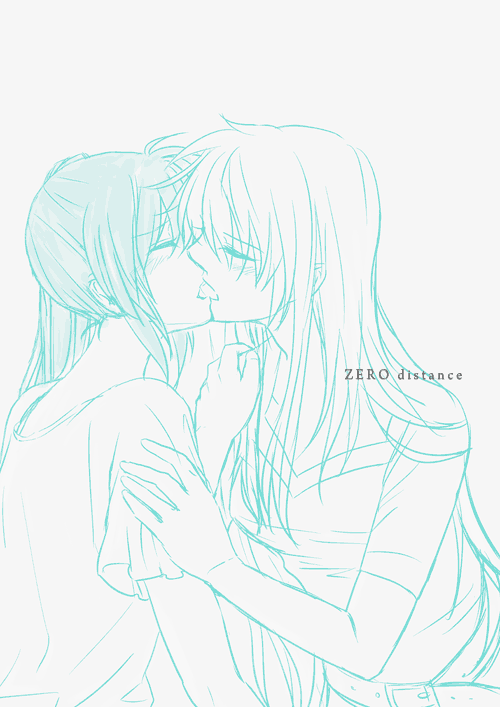 hachi (hachikai), fate testarossa, takamachi nanoha, lyrical nanoha, mahou shoujo lyrical nanoha, mahou shoujo lyrical nanoha strikers, 00s, 2girls, aqua theme, blue theme, kiss, monochrome, multiple girls, yuri
