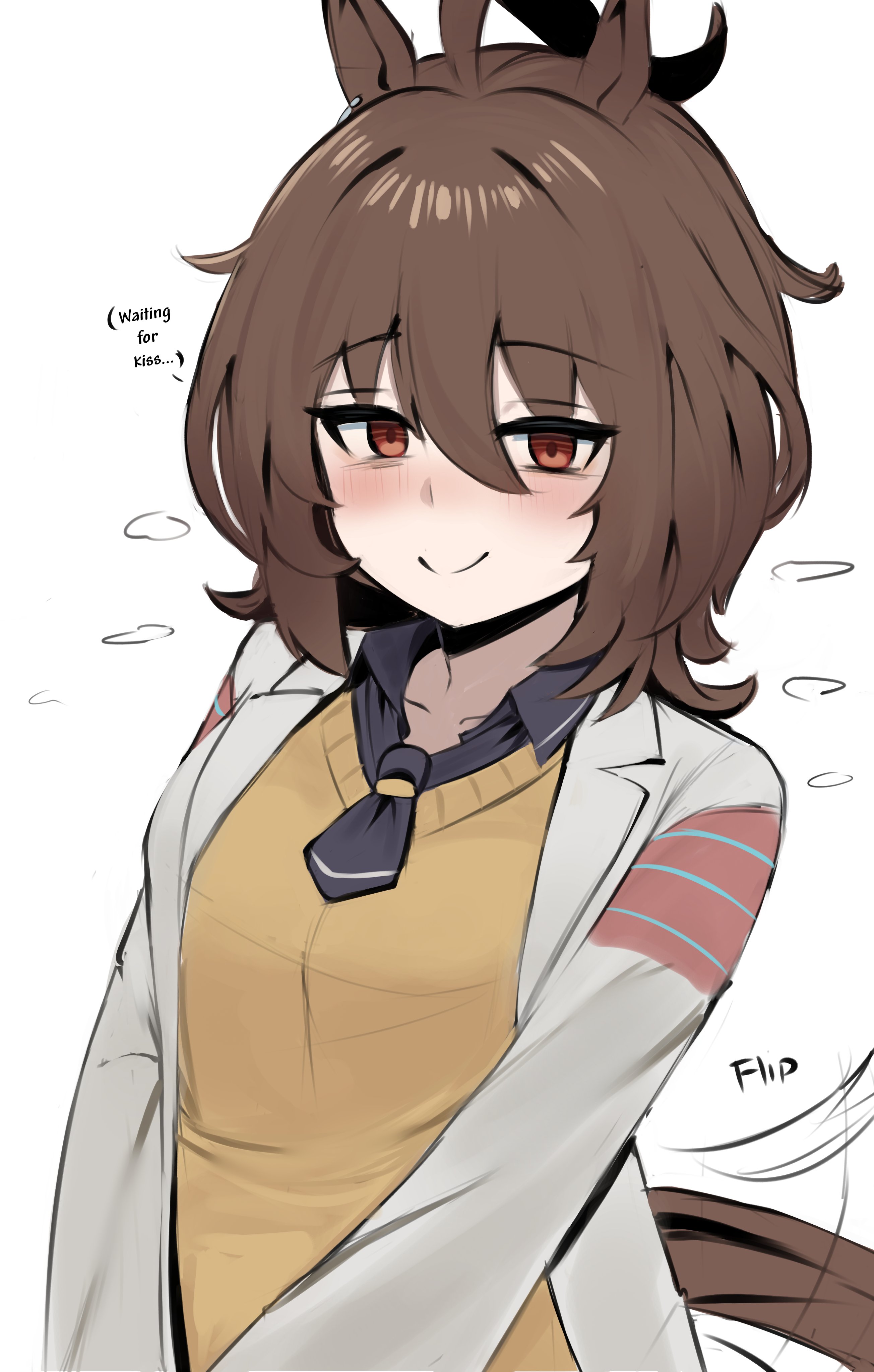 iog626, agnes tachyon (umamusume), umamusume, absurdres, highres, 1girl, ahoge, animal ears, black necktie, black shirt, blush, breasts, brown hair, closed mouth, coat, collared shirt, ear ornament, earrings, embarrassed, hair between eyes, heavy breathing, horse ears, horse girl, horse tail, jewelry, lab coat, medium breasts, medium hair, necktie, red eyes, shirt, short necktie, single earring, smile, solo, split mouth, sweater, tail, tail wagging, white coat, yellow sweater