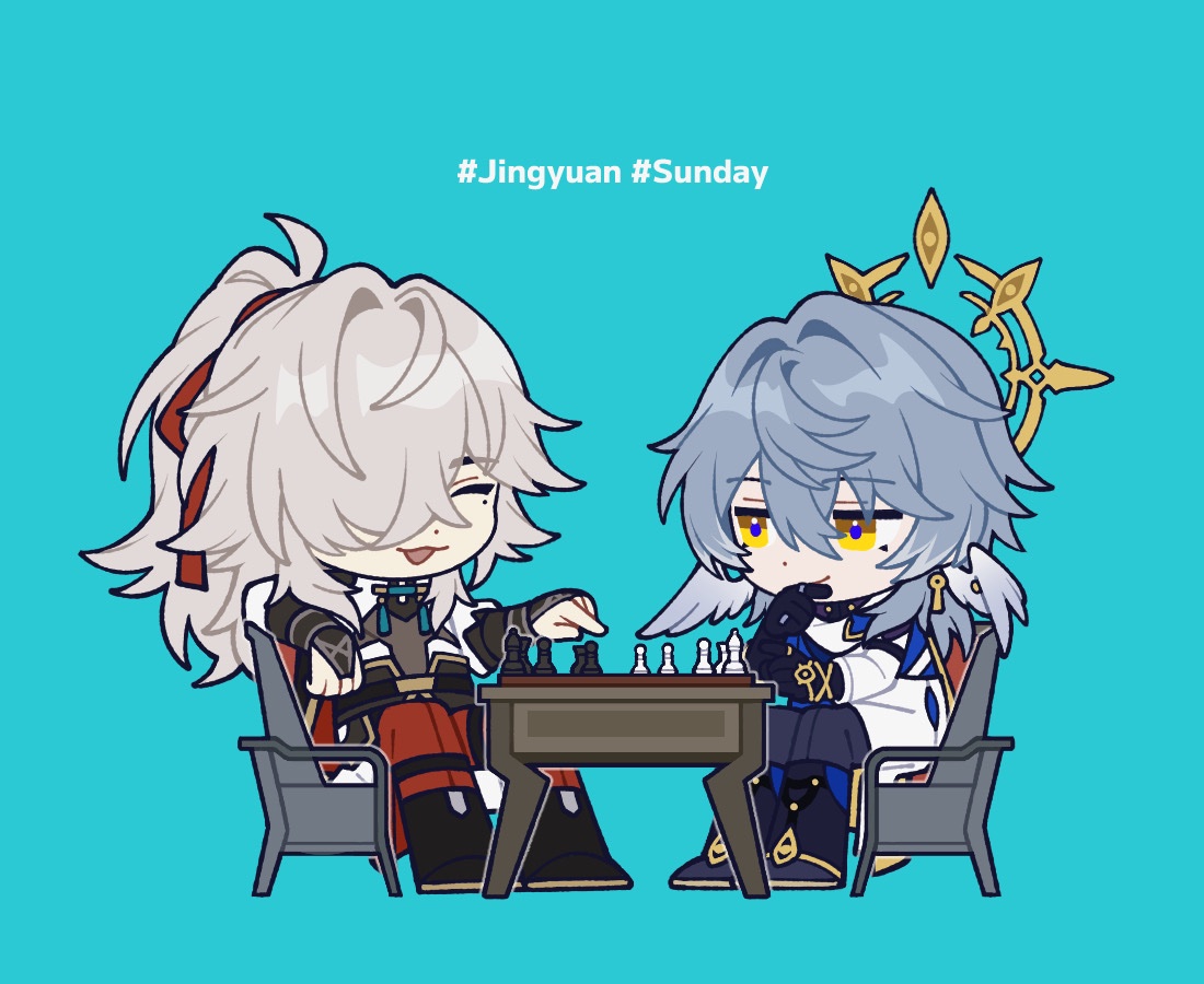sos13825406402, jing yuan, sunday (honkai: star rail), honkai: star rail, honkai (series), hashtag-only commentary, 2boys, ^ ^, aqua background, black boots, black gloves, black pants, blue coat, board game, boots, bridal gauntlets, chair, character name, chess, chess piece, chibi, chinese clothes, closed eyes, closed mouth, coat, crossed bangs, earrings, feathered wings, gloves, gold earrings, grey hair, hair between eyes, hair intakes, hair over one eye, hair ribbon, halo, halo behind head, hand on own chin, hand up, hashtag, head wings, high ponytail, jewelry, long hair, long sleeves, male focus, medium hair, mole, mole under eye, multicolored coat, multiple boys, on chair, one eye covered, open mouth, pants, parted bangs, piercing, pointing, ponytail, red pants, red ribbon, ribbon, shirt, sidelocks, simple background, sitting, smile, table, tassel, white coat, white hair, white shirt, white wings, wing piercing, wings, yellow eyes