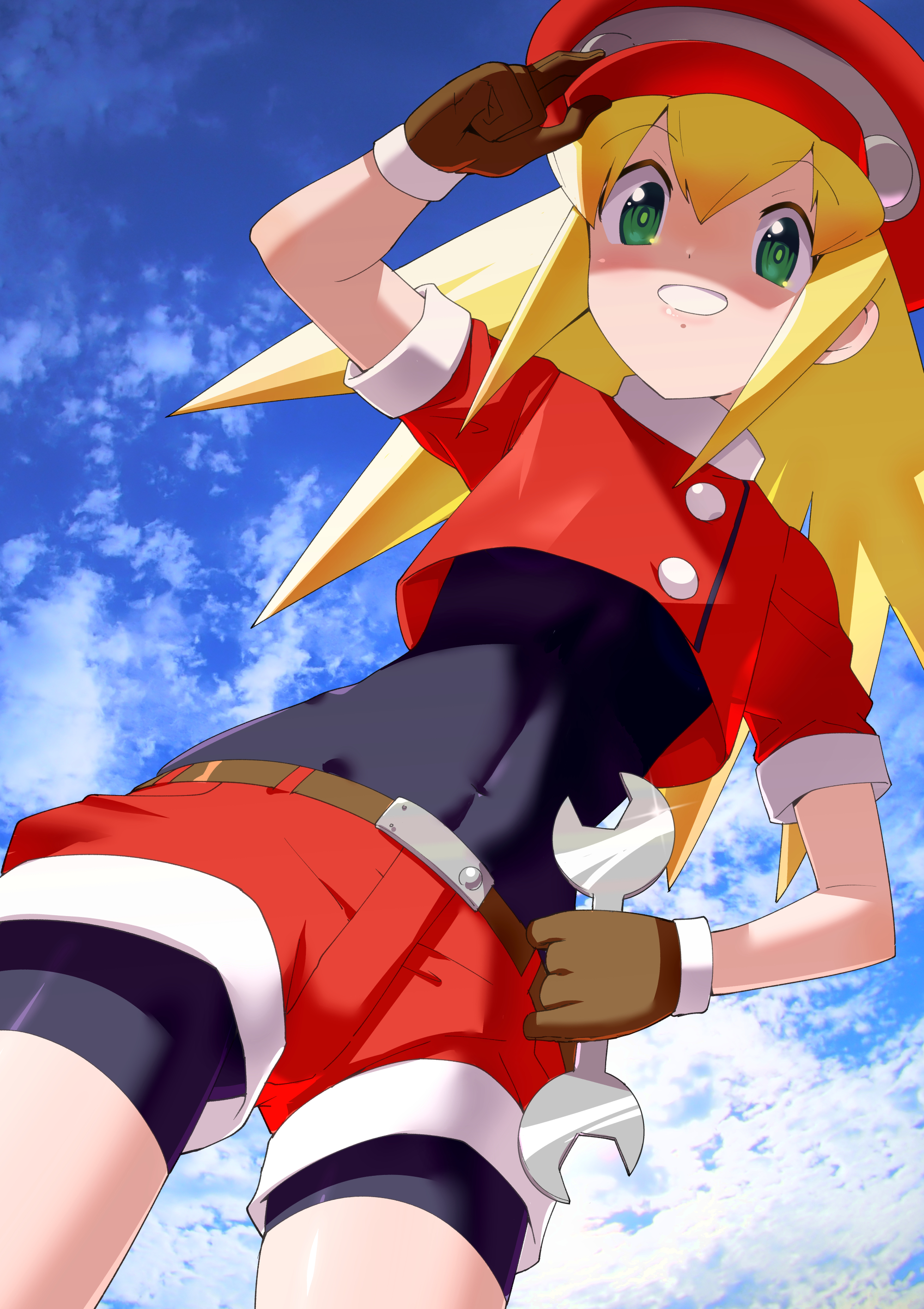 toku sonchou, roll caskett (mega man), mega man (series), mega man legends (series), absurdres, highres, 1girl, belt, bike shorts, blonde hair, brown gloves, cloud, cropped jacket, gloves, green eyes, hat, jacket, long hair, looking at viewer, newsboy cap, red hat, red jacket, red shorts, short sleeves, shorts, smile, solo