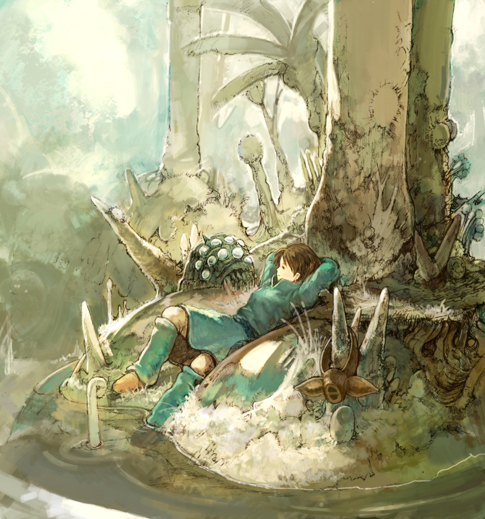 burari, nausicaa, ohmu, kaze no tani no nausicaa, studio ghibli, 1980s (style), bad id, bad pixiv id, 1girl, animal ears, arms behind head, belt, brown hair, bug, forest, nature, retro artstyle, scenery, tree, water
