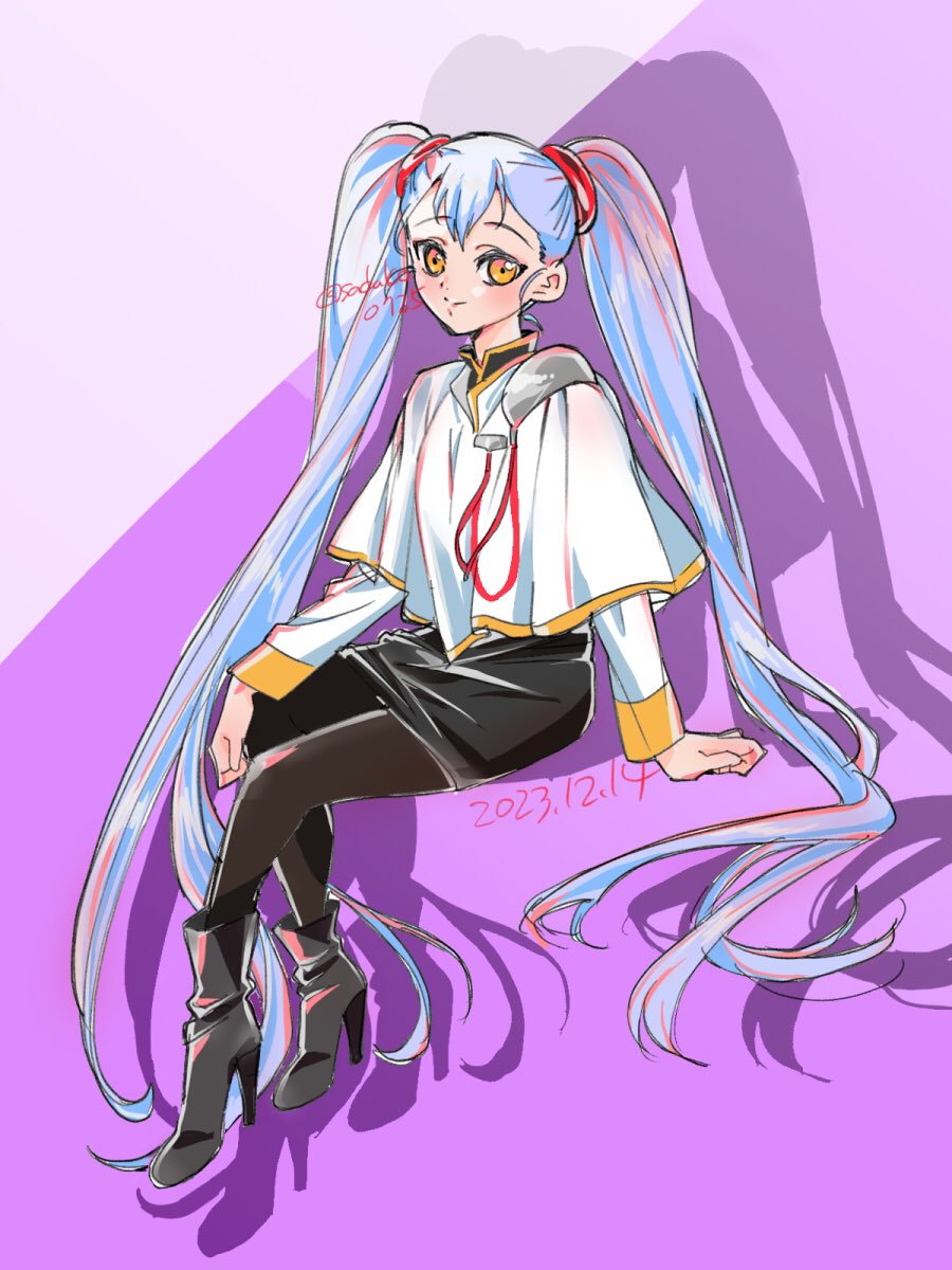 sadako0725, hoshino ruri, kidou senkan nadesico, highres, 1girl, blue hair, closed mouth, dated, full body, hair ornament, high heels, long hair, long sleeves, looking at viewer, pantyhose, skirt, solo, twintails, yellow eyes