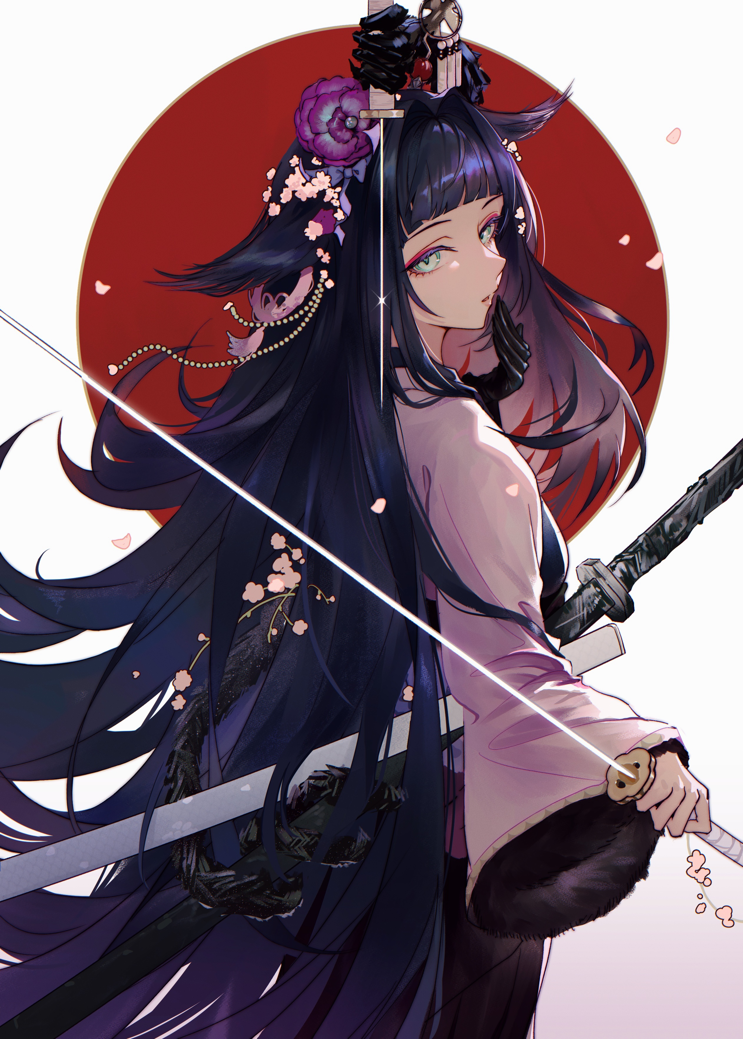 enip o, mio (arknights), arknights, absurdres, highres, 1girl, animal ears, black hair, blue eyes, flower, hair flower, hair ornament, holding, holding sword, holding weapon, japanese clothes, katana, kimono, long hair, looking at viewer, open mouth, solo, sword, weapon