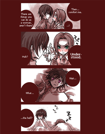mecco, kouzuki kallen, lelouch vi britannia, code geass, hard-translated, third-party edit, translated, 00s, 4koma, comic, english text, green eyes, monochrome, purple eyes, ruined for marriage, under covers