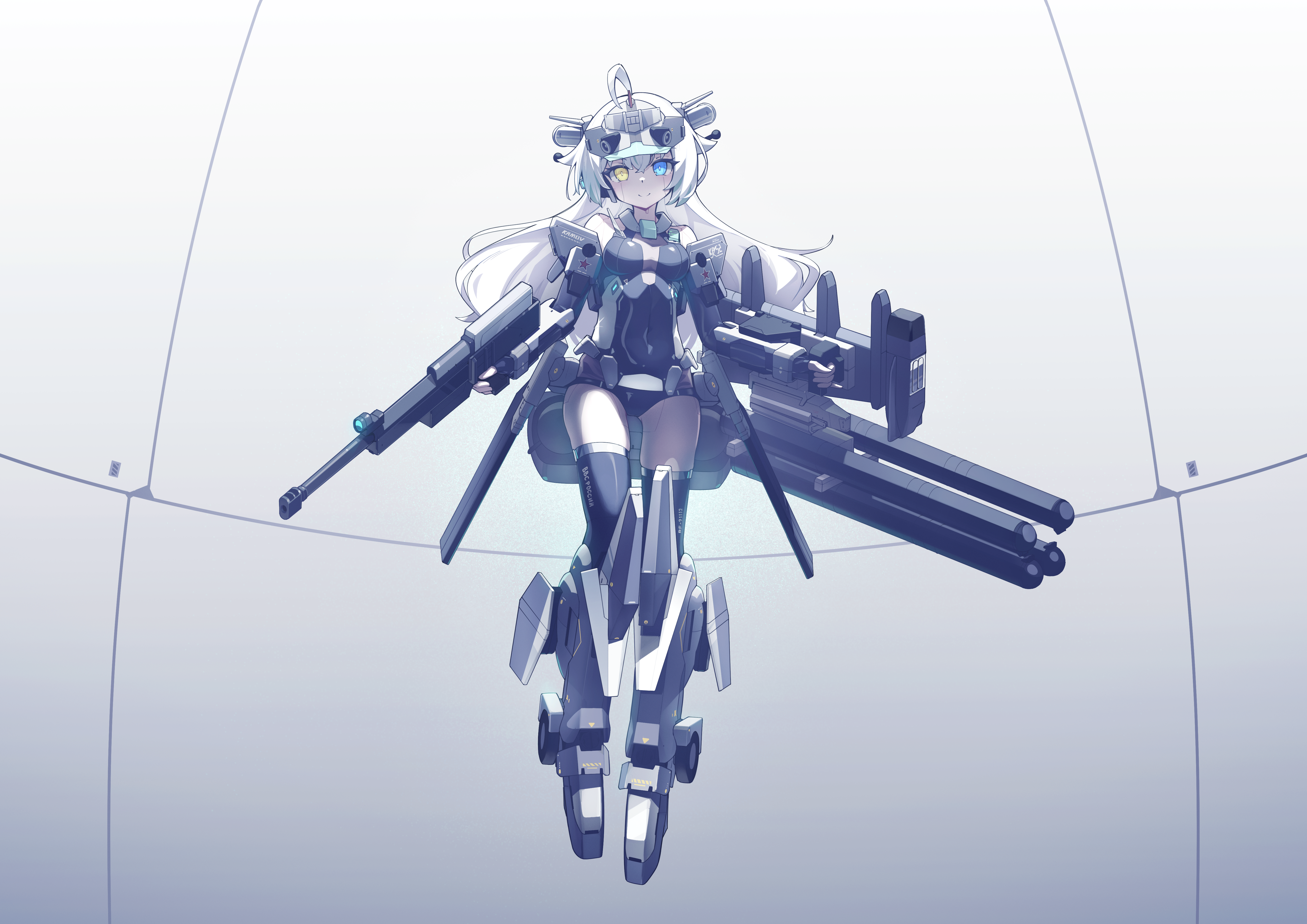 arma reality, original, war thunder, absurdres, highres, 1girl, ahoge, aircraft, attack helicopter, blue eyes, breasts, full body, helicopter, heterochromia, kamov ka-52, long hair, looking at viewer, mecha musume, medium breasts, military vehicle, personification, smile, solo, thighhighs, very long hair, white hair, yellow eyes