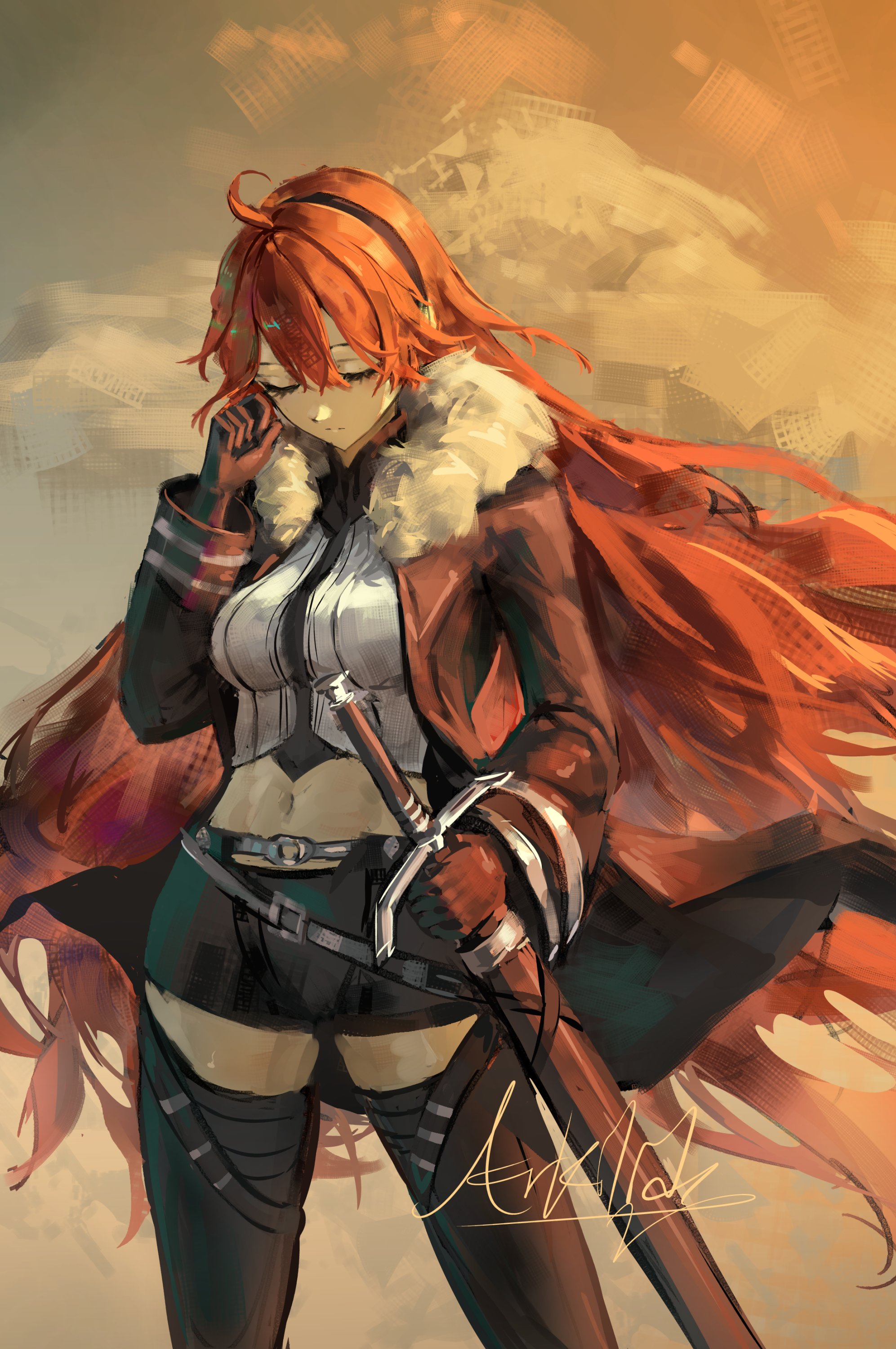 arkilide, eris greyrat, mushoku tensei, absurdres, highres, 1girl, ahoge, closed eyes, fur-trimmed jacket, fur trim, hairband, holding, holding sword, holding weapon, jacket, long hair, midriff, red hair, sheath, sheathed, solo, sunset, sword, weapon