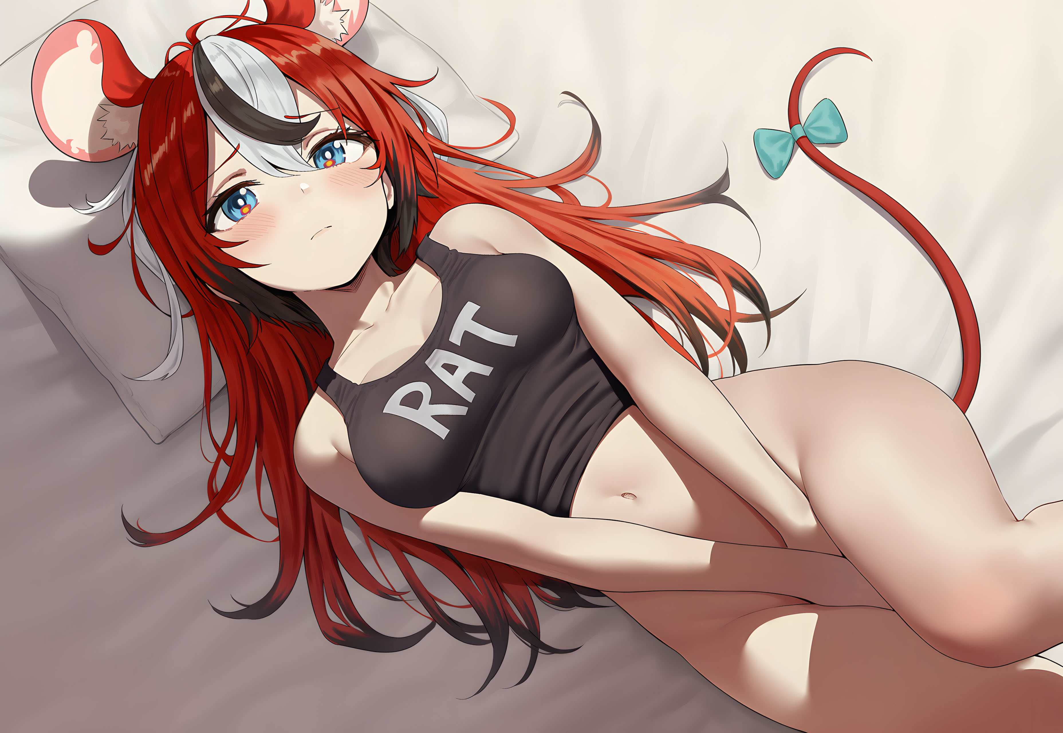 hakos baelz, hololive, hololive english, absurdres, commentary, english commentary, highres, 1girl, alternate costume, animal ear fluff, animal ears, bare arms, bare shoulders, bed, between legs, black camisole, black hair, blue bow, blue eyes, blush, bottomless, bow, breasts, bright pupils, camisole, cleavage, clothes lift, collarbone, covering crotch, covering privates, crossed bangs, feet out of frame, from above, hair between eyes, hand between legs, indoors, large breasts, long hair, looking at viewer, luizf 140490, lying, mouse ears, mouse tail, multicolored eyes, multicolored hair, navel, pillow, red hair, shadow, sidelocks, sleeveless, solo, stomach, streaked hair, tail, tail bow, tail ornament, thighhighs, thighs, virtual youtuber, white background, white hair, white pupils