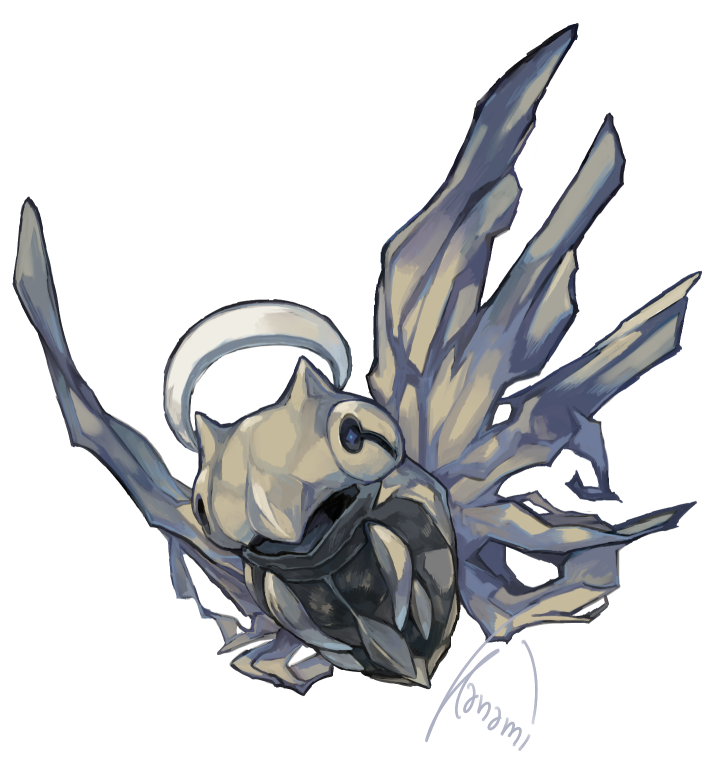 kanami (bprod), shedinja, nintendo, pokemon, black sclera, bug, colored sclera, crescent, exoskeleton, flying, gen 3 pokemon, halo, insect wings, no humans, pokemon (creature), pokemon focus, white background, wings