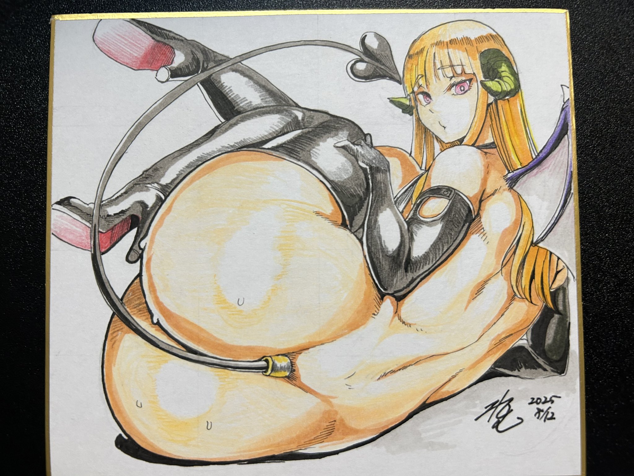remu (kirieroido), airi (youkoso succubus machi e!), original, youkoso succubus machi e!, highres, photo (medium), traditional media, 1girl, 2025, :3, areola slip, ass, bat wings, black gloves, black tail, black thighhighs, blonde hair, breasts, curled horns, curvy, dated, demon girl, demon horns, demon tail, demon wings, elbow gloves, fetal position, full body, gloves, heart, heart tail, high heels, horns, huge ass, large areolae, large breasts, long hair, looking at viewer, looking back, red eyes, revealing clothes, shikishi, solo, tail, tattoo, thighhighs, wide hips, wings