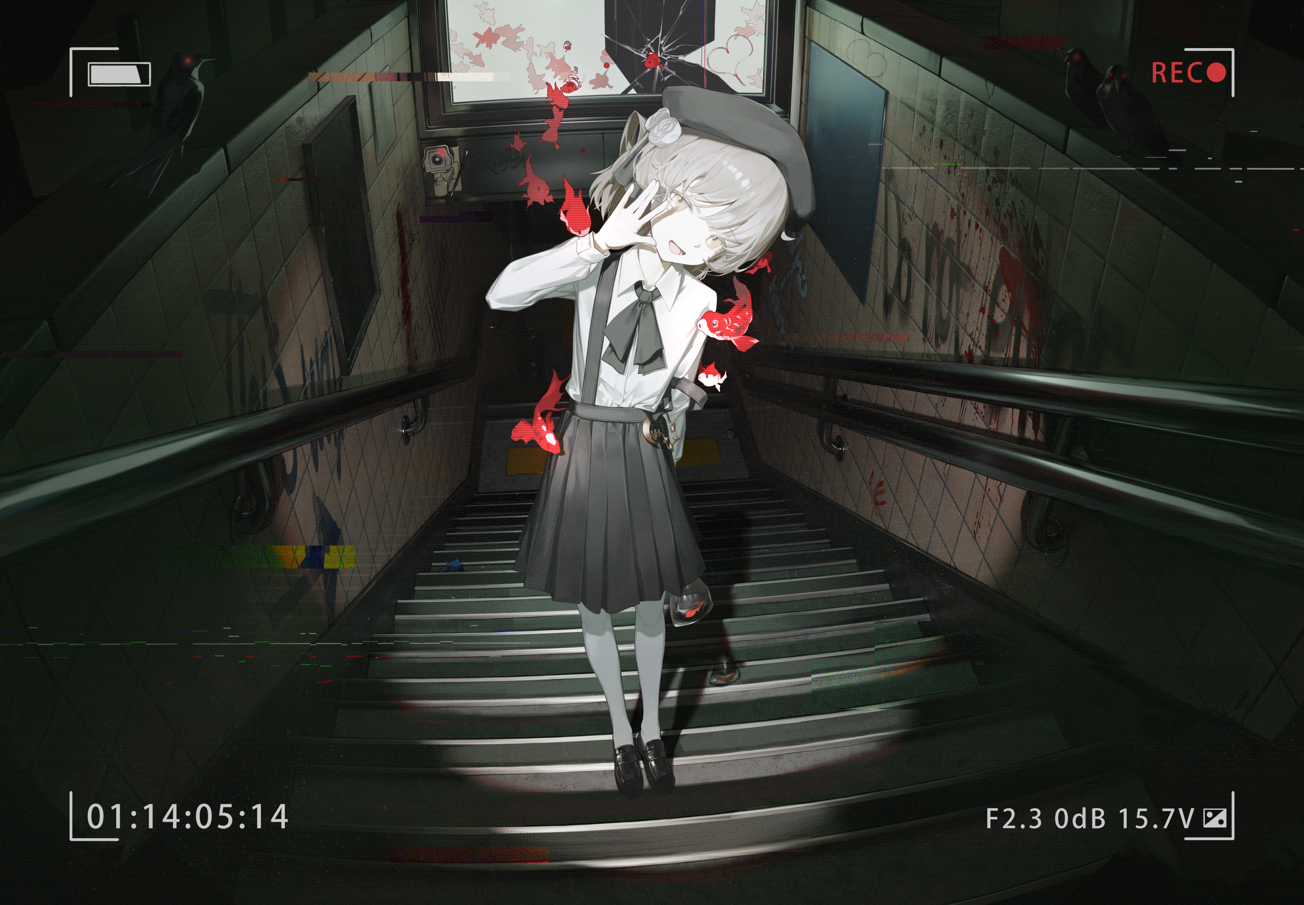 eriri2000420, hatoba tsugu, tsugu (vtuber), absurdres, commentary, highres, 1girl, :d, bag, bagged fish, beret, bird, black hat, black shoes, black skirt, camera, collared shirt, fish, flower, full body, glitch, graffiti, grey eyes, grey hair, hair flower, hair ornament, hair ribbon, hat, head tilt, indoors, loafers, long sleeves, medium skirt, open mouth, pantyhose, pleated skirt, recording, ribbon, shirt, shoes, skirt, smile, solo, stairs, standing, suspender skirt, suspenders, virtual youtuber, waving, white pantyhose