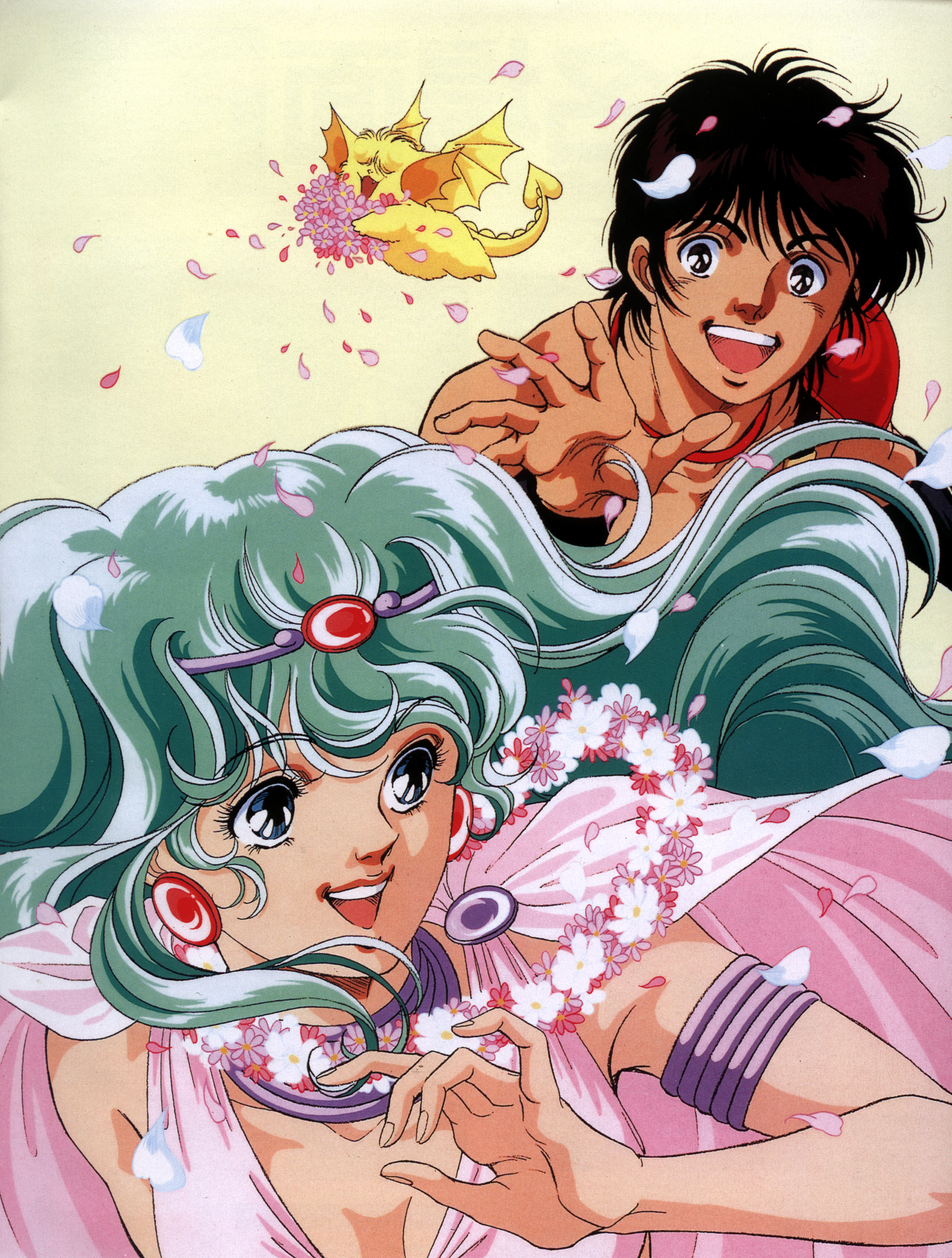 okuda matsuri, hakeshi, lakshu, mii (shurato), shura-oh shurato, shurato, tenkuu senki shurato, 1980s (style), absurdres, highres, black hair, blue eyes, green hair, happy, oldschool, petals, retro artstyle