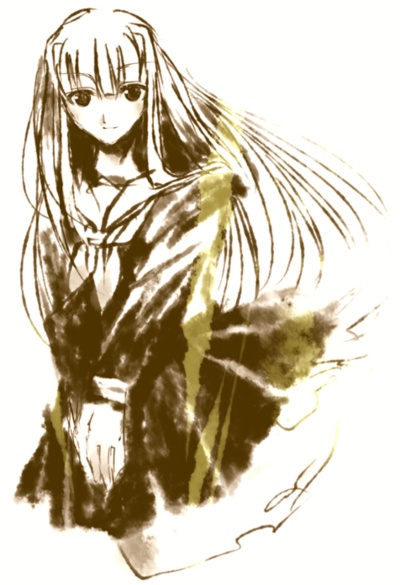 aisaka sayo, mahou sensei negima!, 00s, 1girl, female focus, ghost, long hair, monochrome, school uniform, serafuku, solo, yellow theme