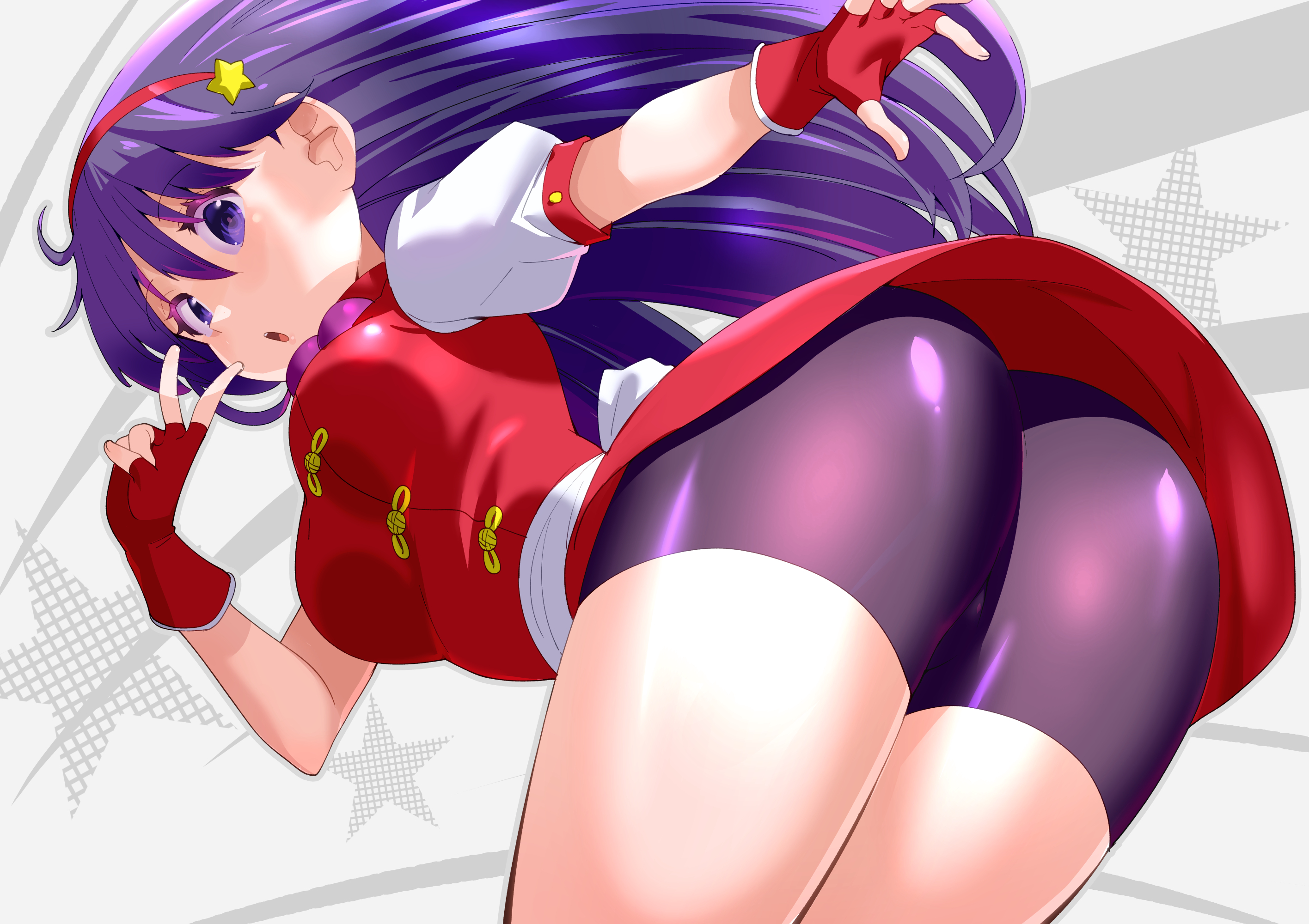 toku sonchou, asamiya athena, snk, the king of fighters, highres, 1girl, ass, breasts, fingerless gloves, gloves, hair ornament, hairband, jewelry, long hair, looking at viewer, open mouth, purple eyes, purple hair, red hairband, skirt, solo, star (symbol), star hair ornament