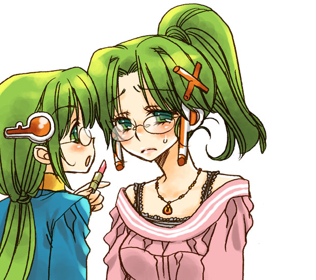 homeko, homeo, xp-tan, xp home-tan, xphome, os-tan, 1boy, 1girl, blush, glasses, green eyes, green hair, jewelry, lipstick, makeup, necklace, ponytail