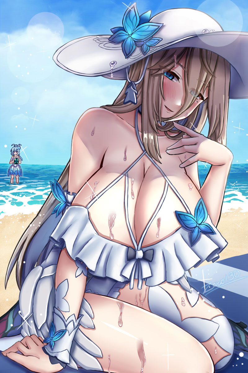 zero130rider, aponia, aponia (mesmerizing blue), griseo, griseo (starry impression), griseo (summer as a painting), honkai (series), honkai impact 3rd, highres, textless version, 2girls, :d, beach, blue eyes, blue hair, blue sky, breasts, brown hair, cleavage, cloud, cloudy sky, dress, hat, large breasts, long hair, looking at viewer, mole, mole under eye, multiple girls, nipples, open mouth, outdoors, purple eyes, sky, smile, summer, sun hat, sundress, water, white dress