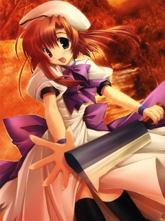 ryuuguu rena, higurashi no naku koro ni, lowres, 00s, 1girl, black thighhighs, cleaver, dress, female focus, hashitsuki nata, hat, hatchet, nata (tool), qvga, solo, thighhighs