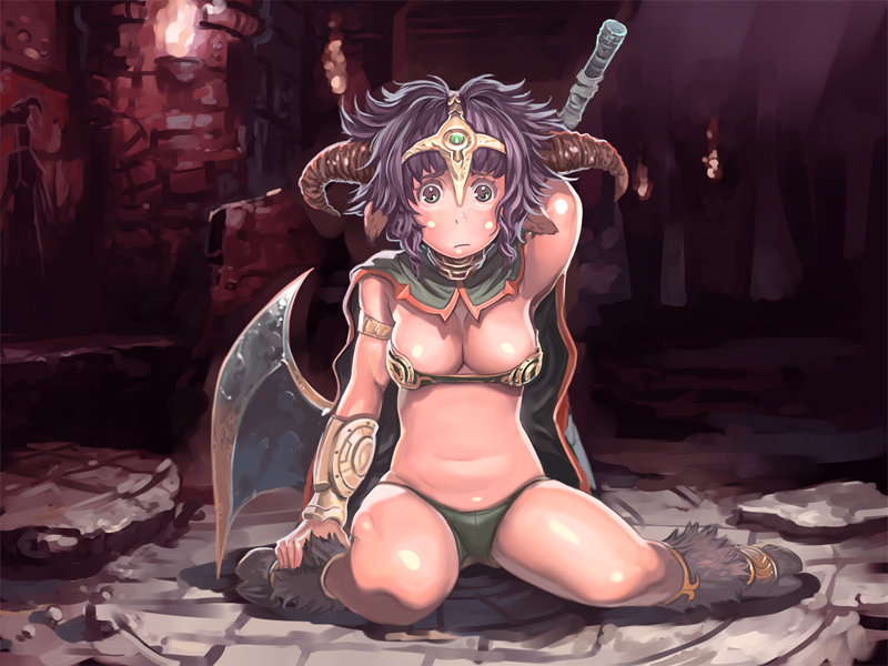 kichin yarou, 1girl, axe, bikini, fantasy, female focus, hooves, horns, no lineart, solo, swimsuit, warrior, weapon