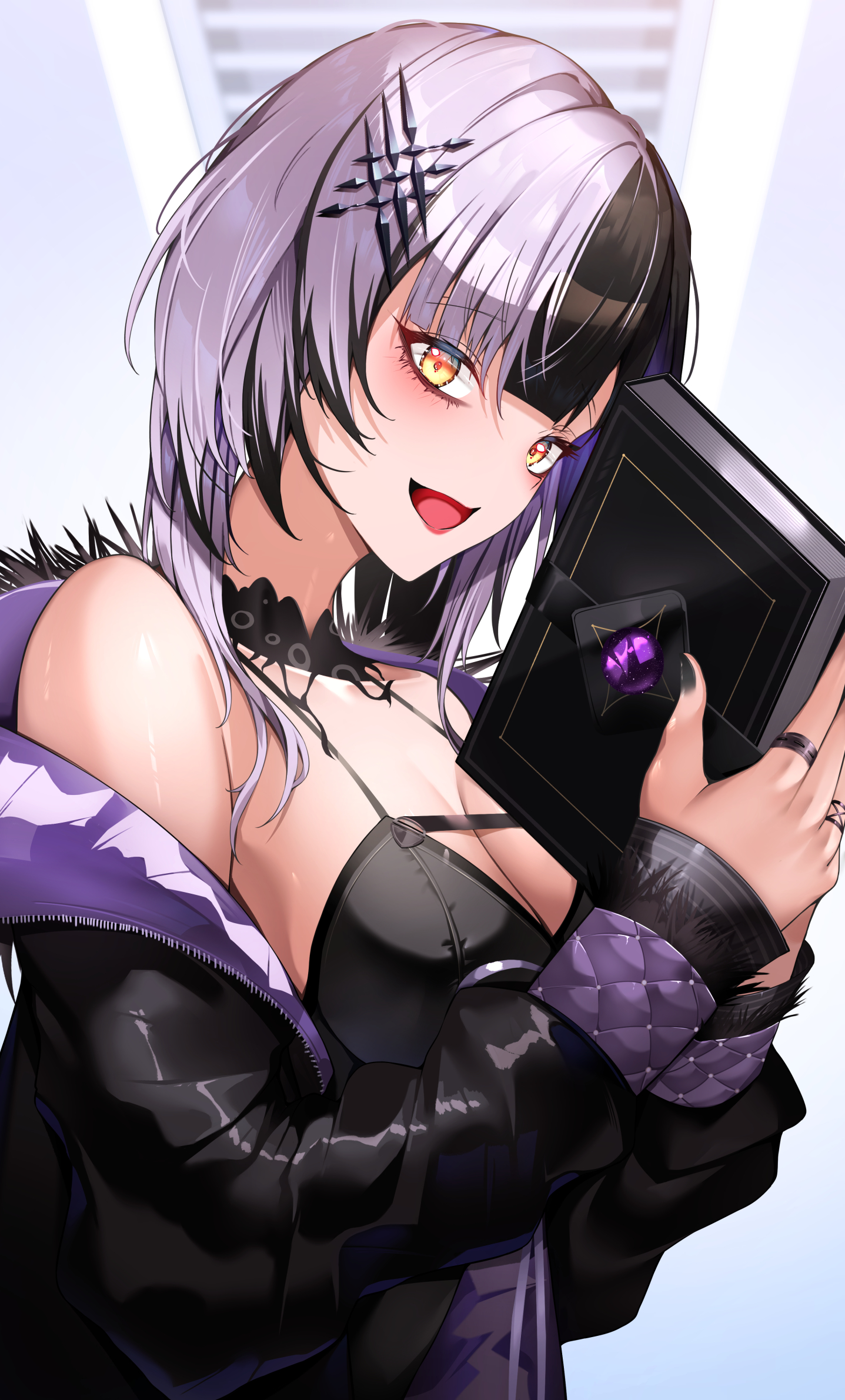 misa pika, shiori novella, shiori novella (1st costume), hololive, hololive english, highres, 1girl, black arm warmers, black choker, black dress, black hair, black nails, book, breasts, chest belt, choker, cleavage, coat, dress, fur-trimmed coat, fur trim, gloves, grey hair, hair ornament, holding, holding book, jewelry, lace, lace-trimmed choker, lace choker, lace trim, large breasts, long hair, looking at viewer, multicolored hair, open mouth, simple background, smile, solo, split-color hair, striped arm warmers, striped clothes, striped gloves, two-tone hair, virtual youtuber, white background, yellow eyes