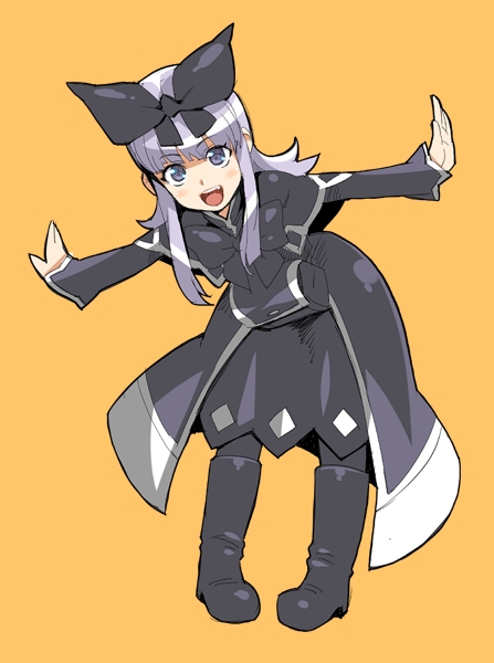 poporon, coopa, druaga no tou, boots, gothic lolita, hair ribbon, lolita fashion, long hair, outstretched arms, purple hair, ribbon, solo, spread arms