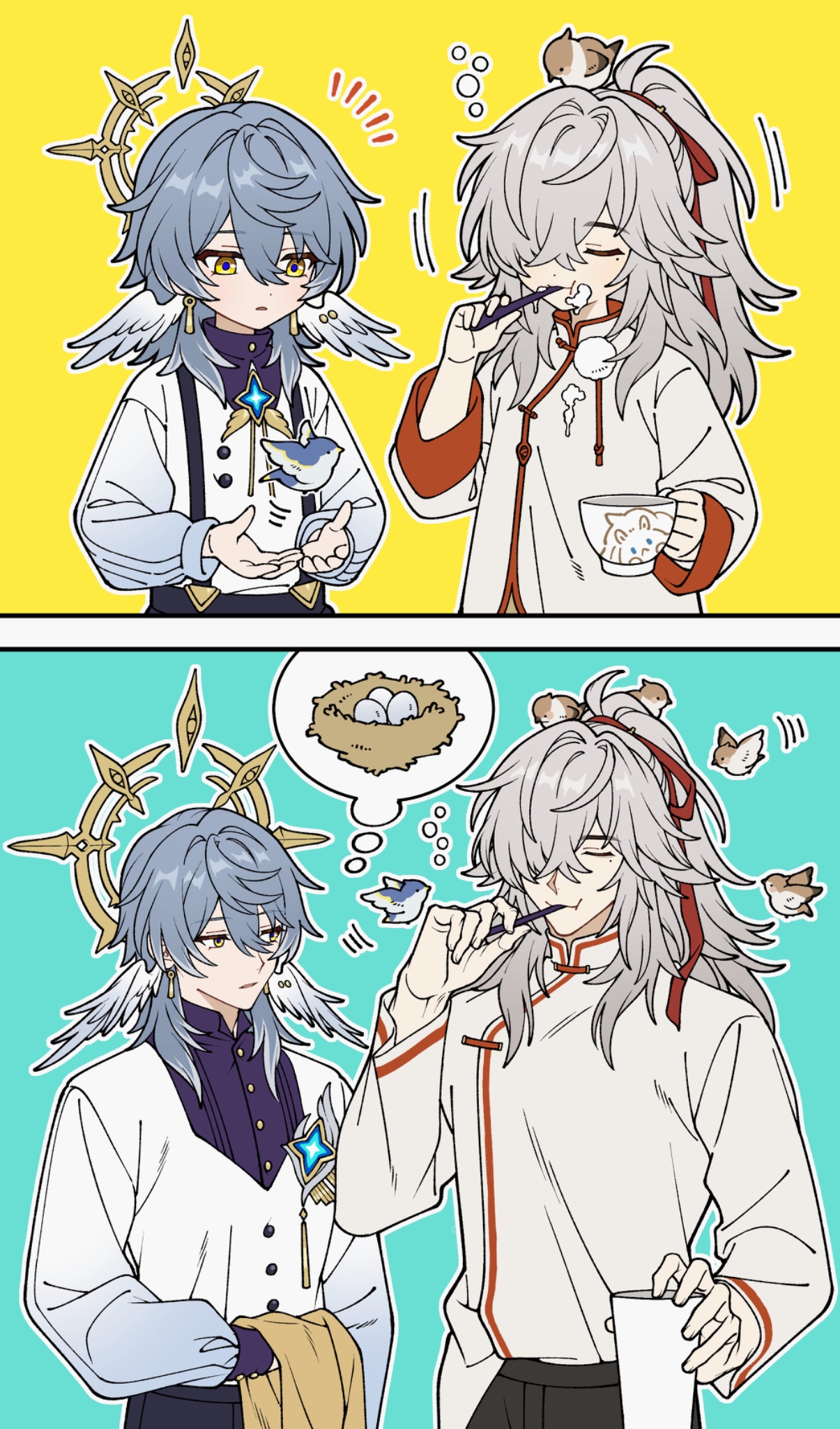 sos13825406402, jing yuan, sunday (honkai: star rail), honkai: star rail, honkai (series), commentary, english commentary, highres, 2boys, aged down, animal, animal on head, aqua background, bird, bird nest, bird on head, buttons, chinese clothes, closed eyes, closed mouth, collared shirt, crossed bangs, cup, earrings, egg, feathered wings, gold earrings, grey hair, hair between eyes, hair intakes, hair over one eye, halo, halo behind head, hand up, head wings, high ponytail, holding, holding cup, holding toothbrush, jewelry, long hair, long sleeves, looking at another, looking down, male focus, mandarin collar, medium hair, mole, mole under eye, multiple boys, multiple views, notice lines, on head, one eye covered, outline, parted bangs, piercing, pom pom (clothes), ponytail, puffy long sleeves, puffy sleeves, purple shirt, shirt, shirt partially tucked in, sidelocks, speech bubble, suspenders, thought bubble, toothbrush, turtleneck, white hair, white outline, white shirt, white wings, wing piercing, wings, yellow background, yellow eyes
