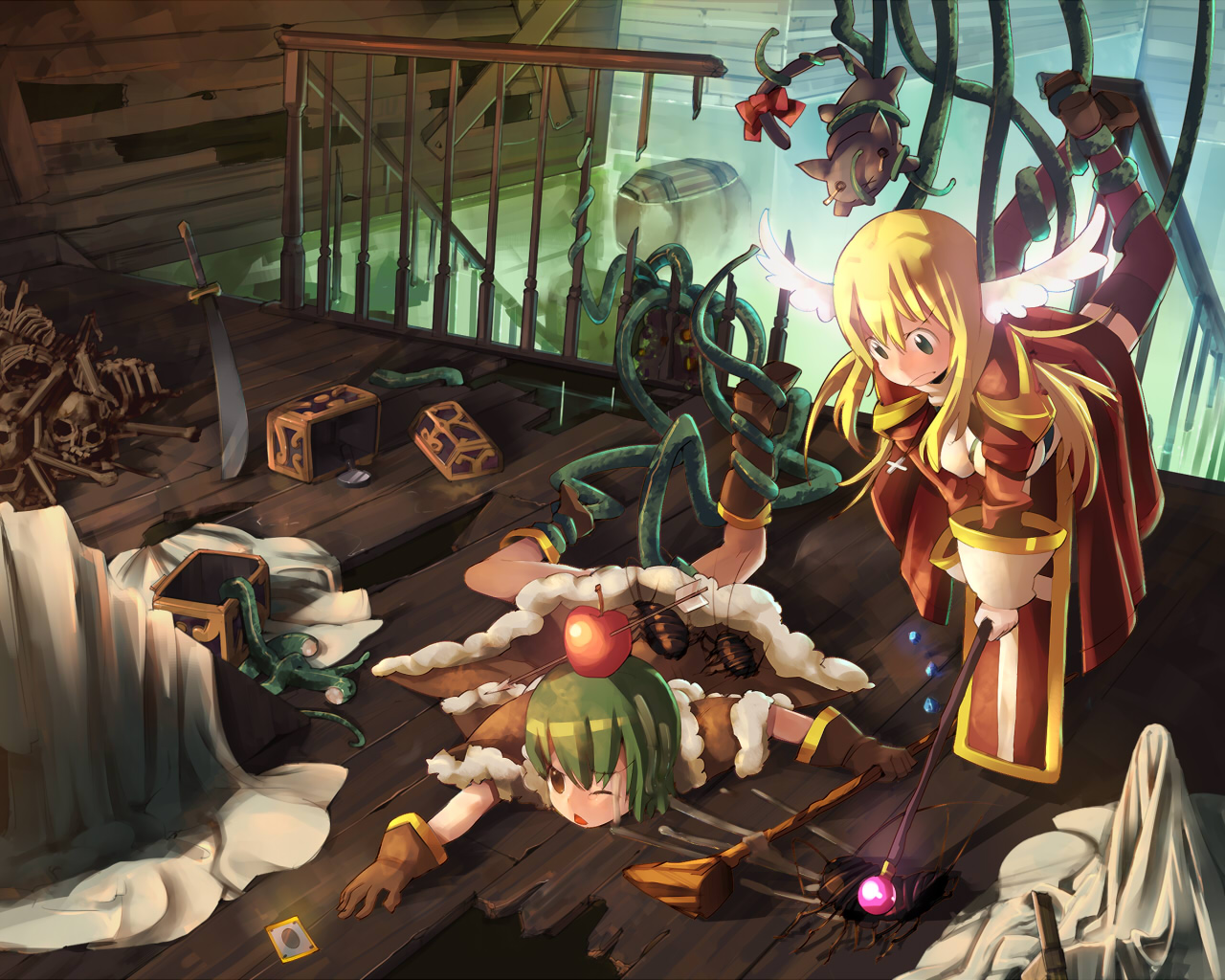 harepore, high priest (ragnarok online), high wizard (ragnarok online), ragnarok online, messy, bad id, bad pixiv id, 2girls, bone, bug, card, cockroach, head wings, high priestess, insect, multiple girls, staff, tentacles, thighhighs, wings