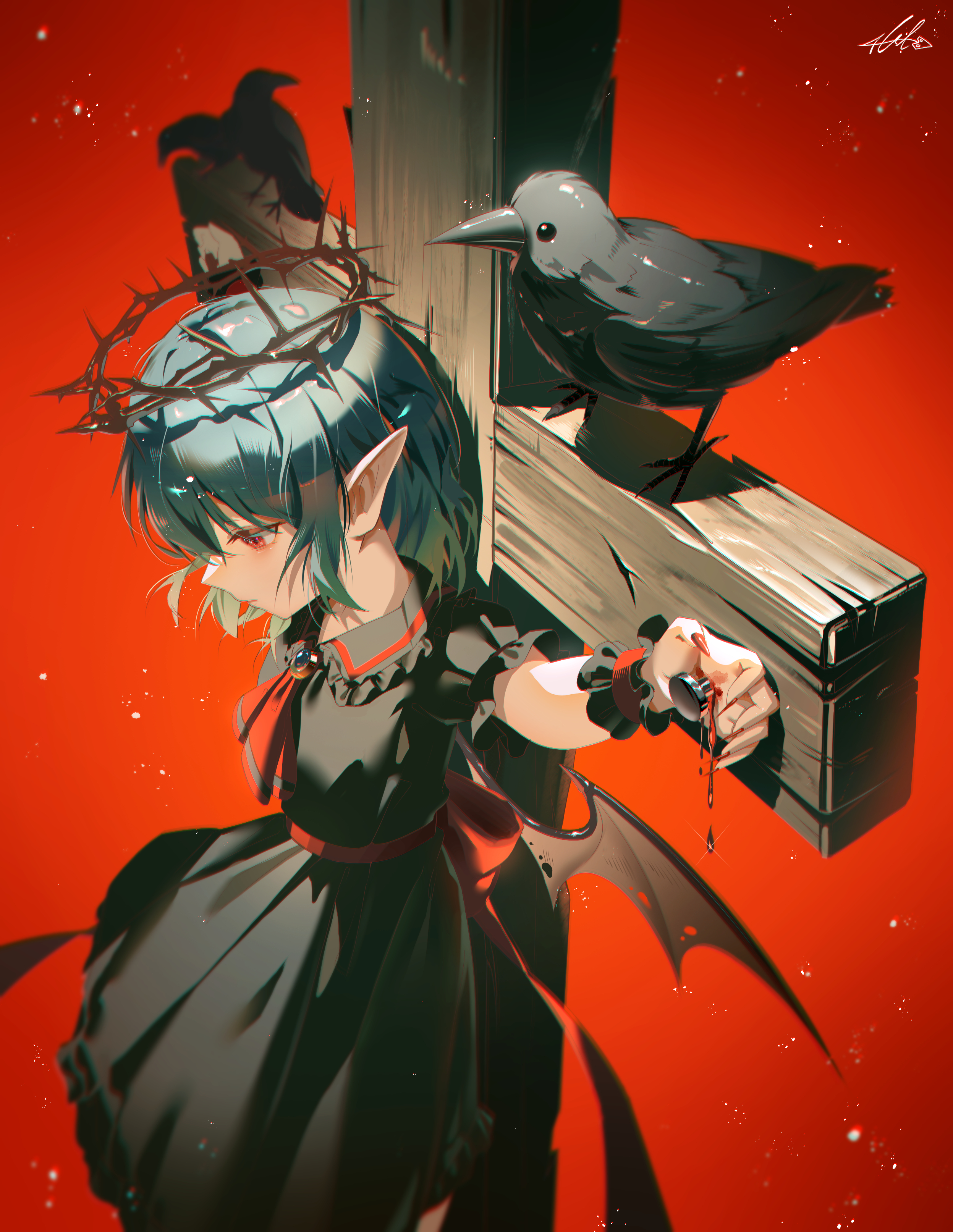 ycl 060, remilia scarlet, touhou, absurdres, commentary, highres, symbol-only commentary, 1girl, alternate color, ascot, back bow, bat wings, bird, black dress, blood, blue brooch, blue hair, bow, collar, crow, crown of thorns, crucifixion, dated commentary, dress, expressionless, feet out of frame, frilled collar, frills, from above, light particles, looking down, medium hair, neckerchief, pointy ears, red ascot, red background, red bow, red eyes, red neckerchief, ribbon, short sleeves, solo, vampire, wings