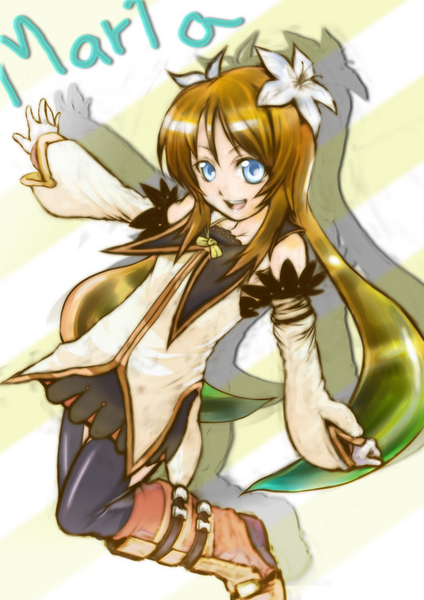 mantake, marta lualdi, tales of (series), tales of symphonia, tales of symphonia: dawn of the new world, resized, 1girl, blonde hair, brown hair, character name, flower, green eyes, hair flower, hair ornament, long hair, miniskirt, open mouth, pixiv thumbnail, skirt, solo