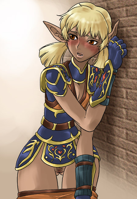 tomotsuka haruomi, elvaan, final fantasy, final fantasy xi, 00s, 1girl, armor, blonde hair, blush, bottomless, dark-skinned female, dark skin, elf, female focus, female pubic hair, gloves, pointy ears, pubic hair, solo, twintails
